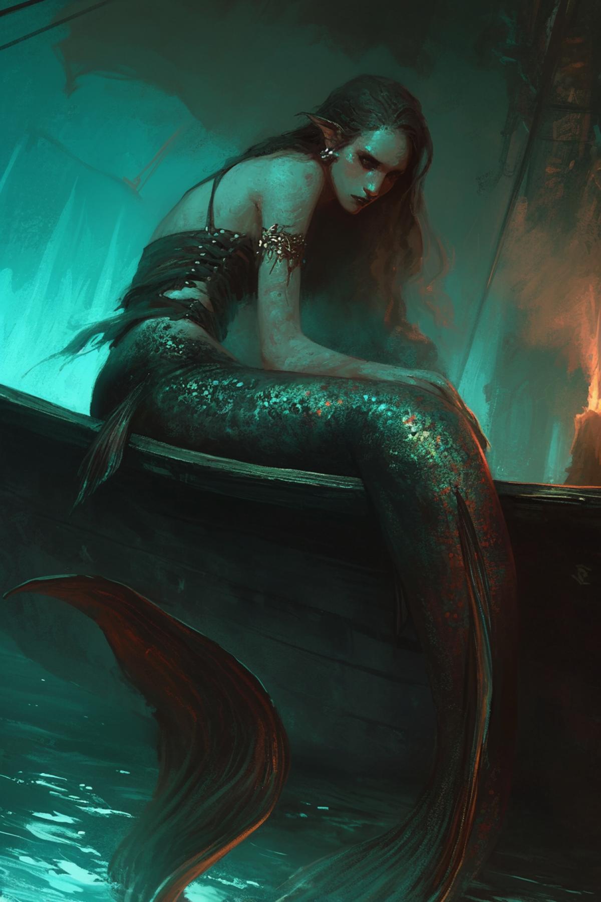 Mermaid clinging to the edge of the boat, looking at the sailor, sailor looking fearfully at the mermaid, night, 17th century, dark waters, pirate paraphernalia, mythology, dark fantasy , by Gerald Brom , horror style, close up