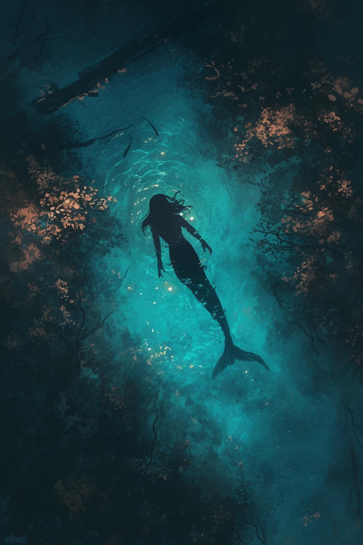 mermaid floating underwater, night, dark fantasy, overhead view, dark forest, river, by Stefan Koidl