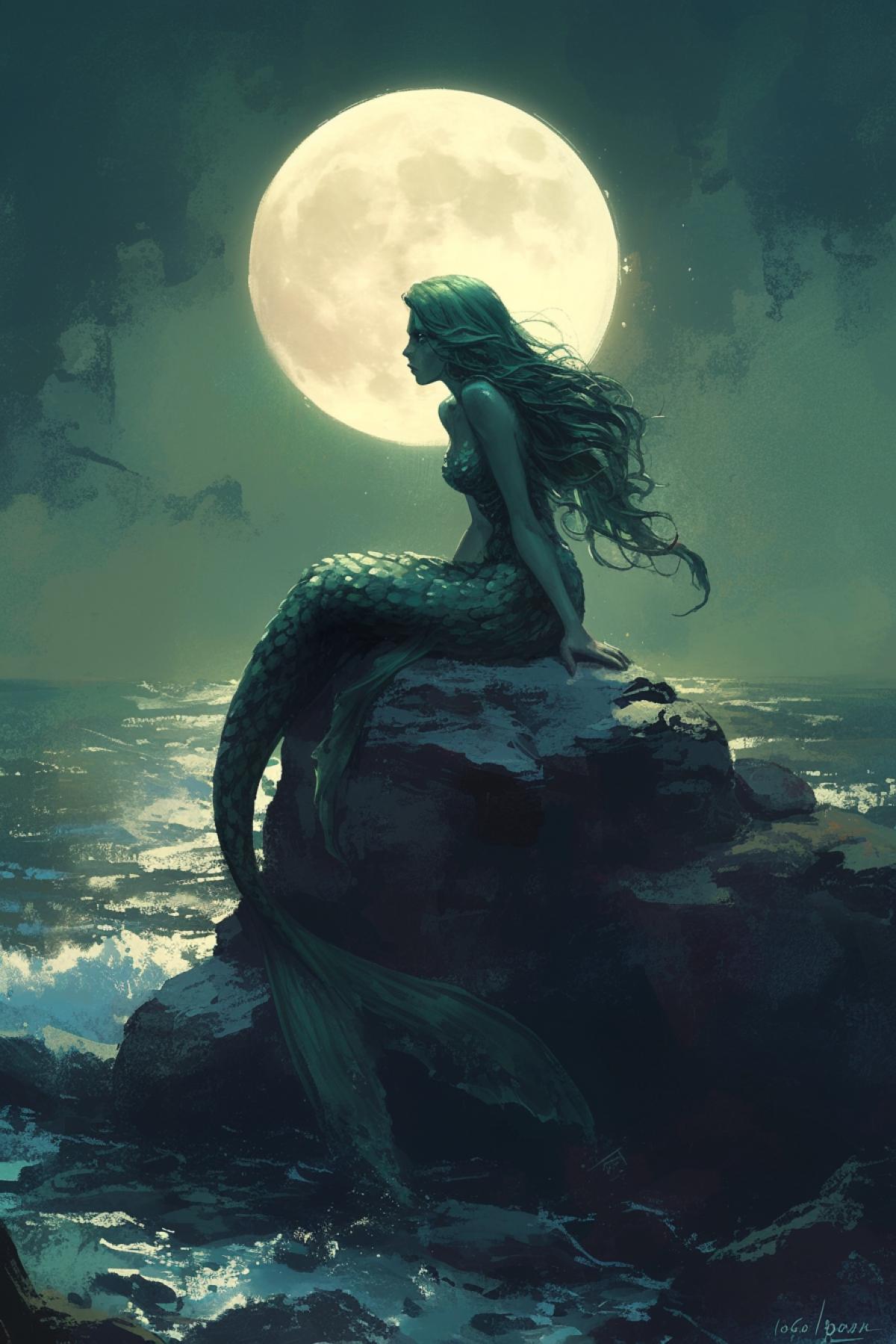scary mermaid sitting on a rock, edge of lake, moonlight, bright white eyes, teal hair, green skin, scales, mermaid on rock, cold moonlight, horror style, dark fantasy, nighttime , by Gerald Brom