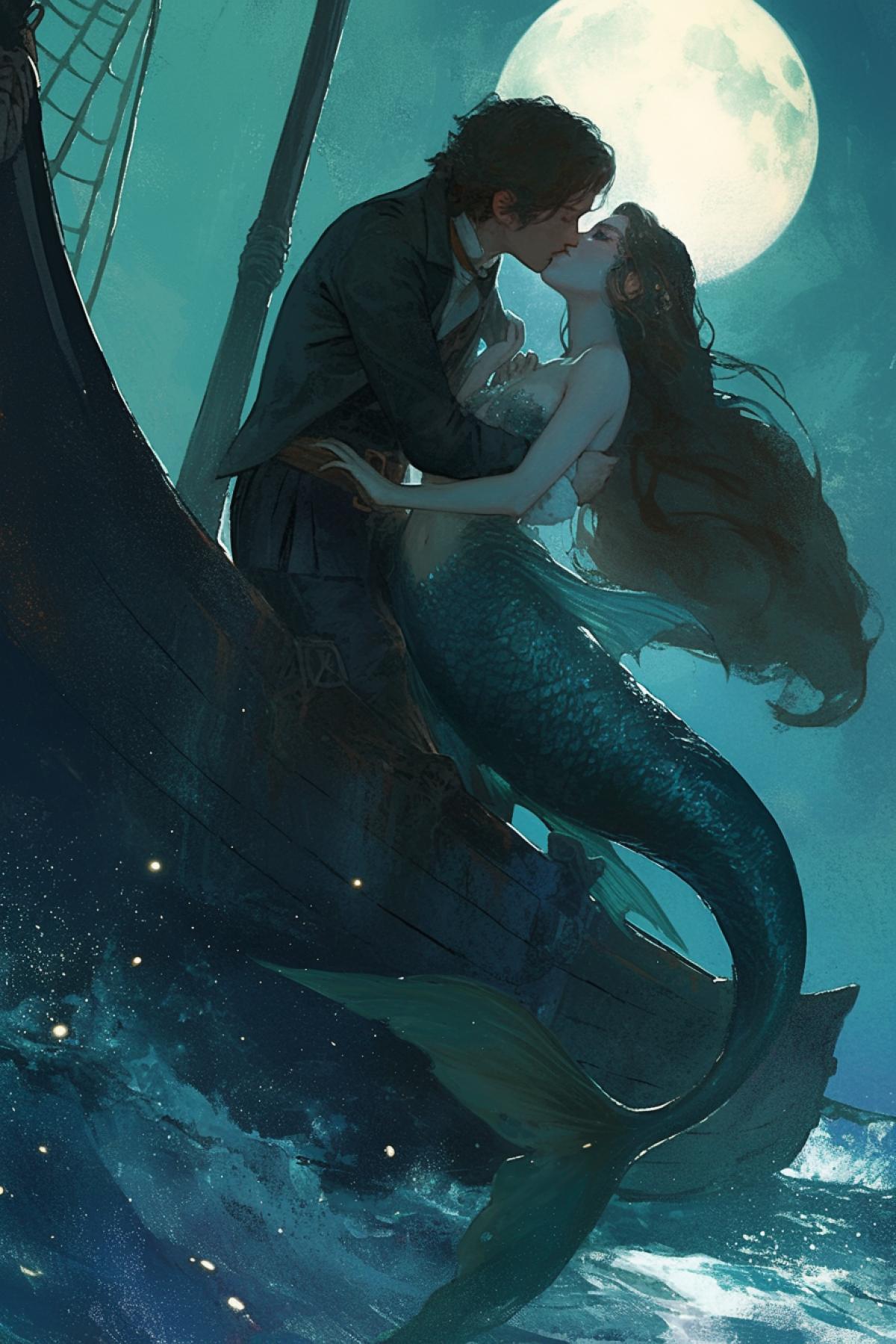 Beautiful mermaid kissing sailor, night, mermaid in the sea sailor in boat, cold moonlight, dark pirat fantasy, by Gerald Brom, close up