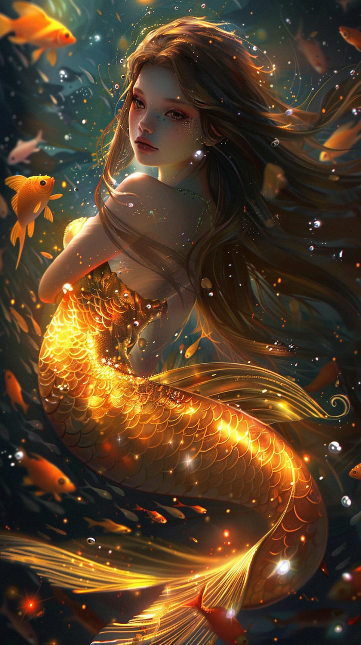 a beautiful mermaid girl with shiny scales that sparkles under the sea sun. Her large, bright eyes are full of magic and mystery, and her long hair flows smoothly through the water, creating the effect of a living veil. The beautiful tail of the mermaid girl bends gracefully, charging the picture with dynamics and grace. Goldfish flutter playfully around her, creating an atmosphere of magic and harmony around them. All these elements are combined in the illustration with maximum contrast, making the image especially bright and memorable, in the style of Vasnetsov, Klimt