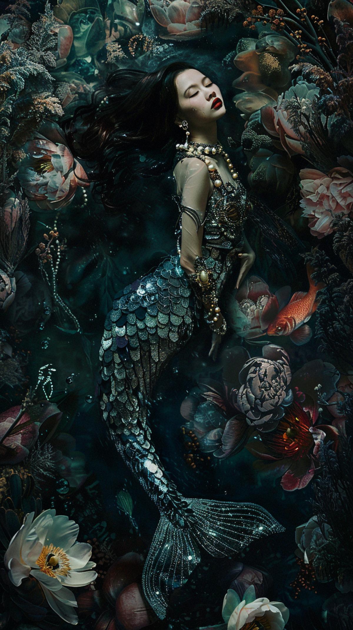 Detailed matte painting,beautiful mermaid with curving magnificent tail, wearing pearl necklace, with dark flowers, peonies, tulips, dark deep flowers, indigo, burgundy, burnt umber, moss green; wimmelbuilder, dramatic lighting