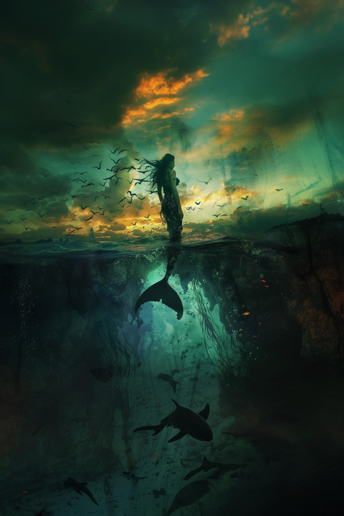 A mermaid on the edge of the earth in search of a new life, day and night mixed up, love and pain merged into one, armageddon, flickering, parallel world