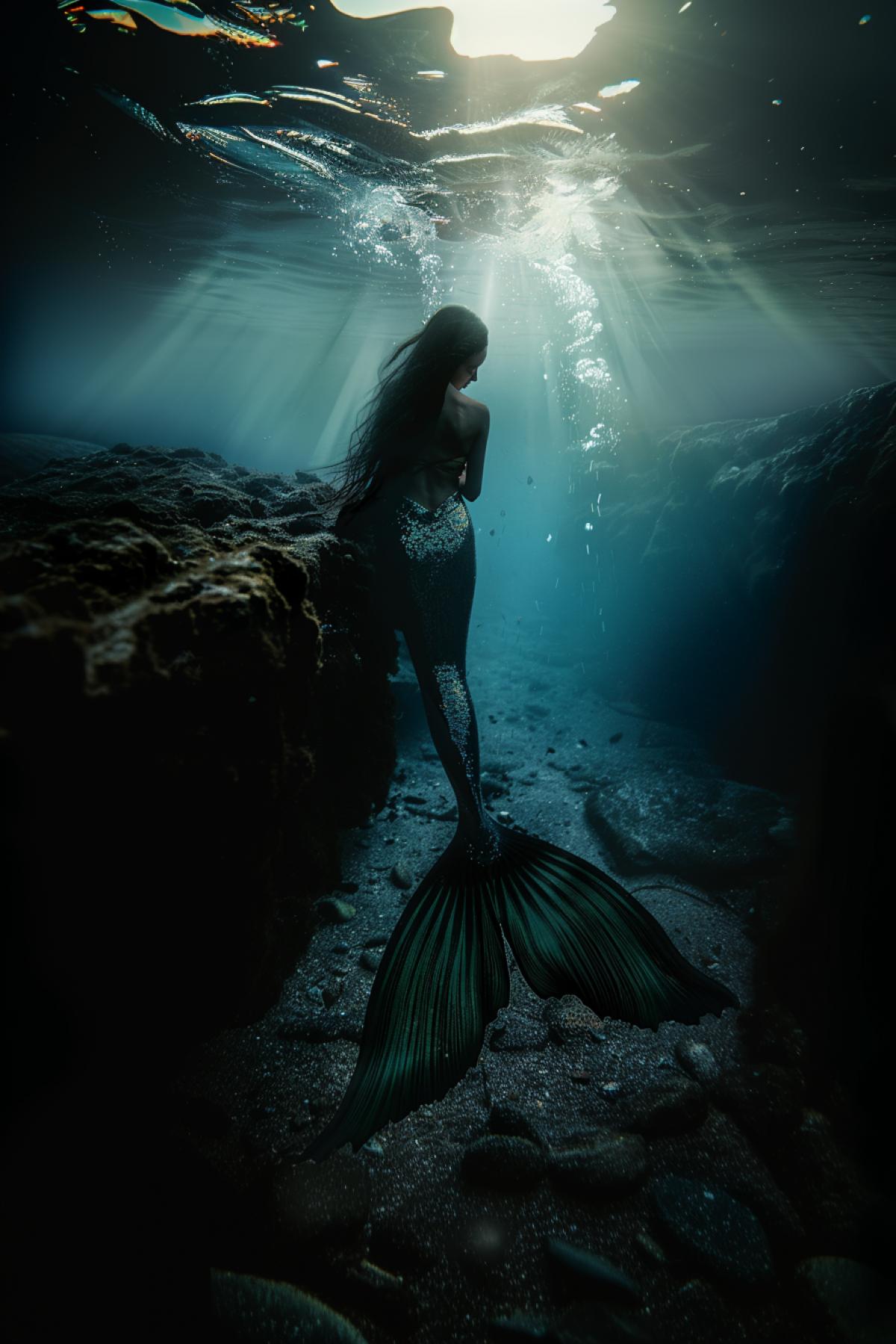 A mermaid on the edge of the earth in search of a new life, day and night mixed up, love and pain merged into one, flickering, parallel world