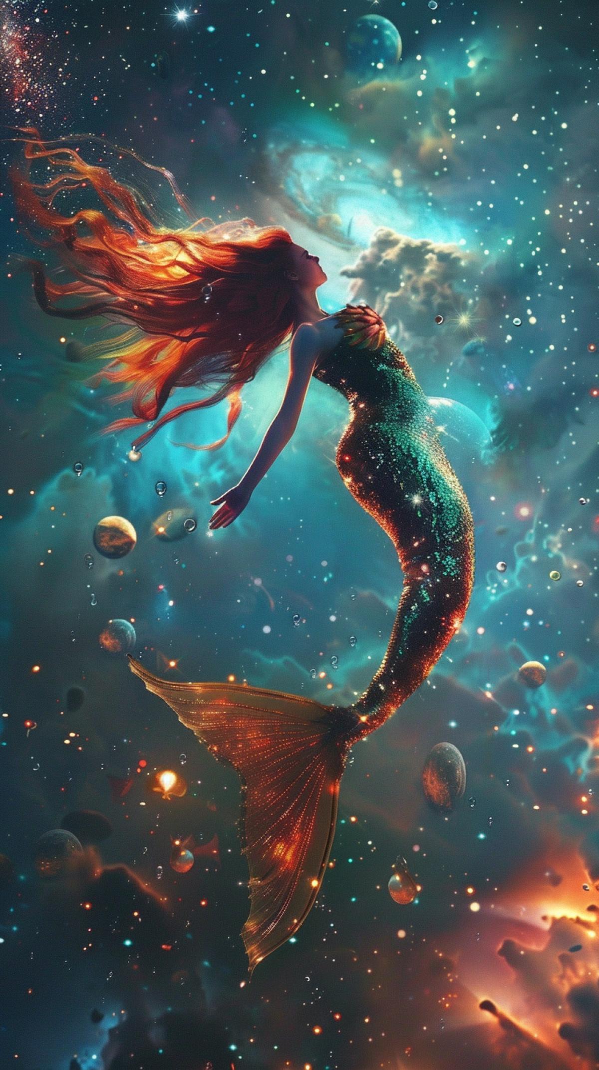 Mermaid floating in outer space