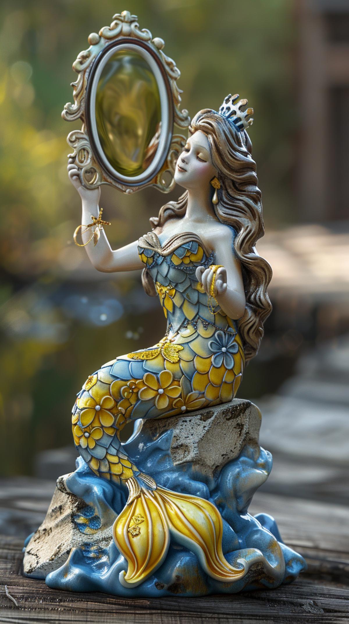 porcelain miniature detailed figyellow water of a mermaid with a mirror in her hands, in Russian Gzhel patterns, sitting on a stone, porcelain wood, random 4k, figyellow water stand on a wooden table, high detail, maximum clarity, 3d rendering, Cinema 4d, 8k