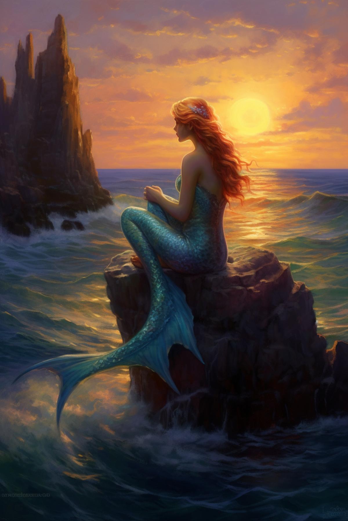 A mermaid with a blue tail sits on a stone and watches the sunset