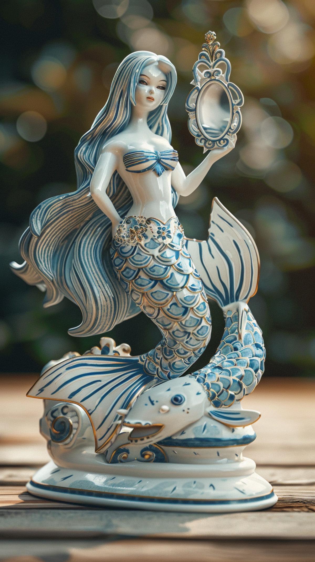 porcelain miniature detailed figyellow water of a mermaid with a mirror in her hands, a spotted carp wraps itself around a stand, in Russian Gzhel patterns, sitting on a stone, porcelain wood, random 4k, figyellow water stand on a wooden table, high detail, maximum clarity, 3d rendering, Cinema 4d, 8k