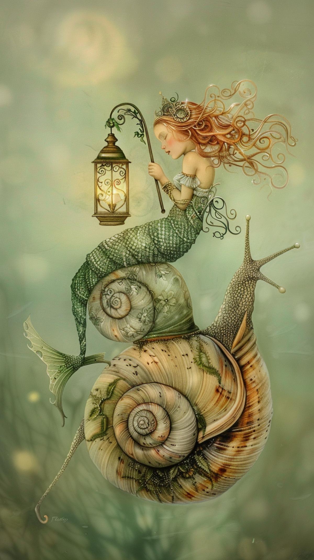 Tim Burton,. little mermaid with an antique lantern sitting on the back of a large snail, little steampunk, colored pencil drawing, fantasy, high resolution, high detail, soft lighting, blurred light green background
