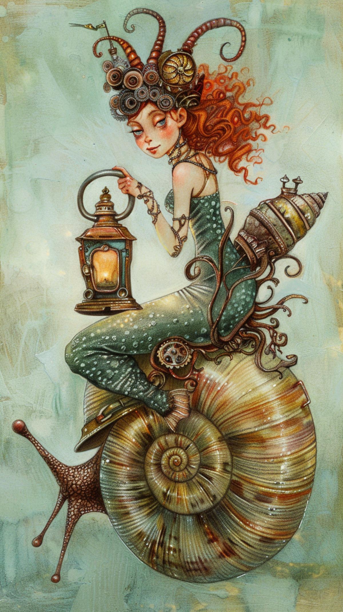 Tim Burton,. little mermaid with an antique lantern sitting on the back of a large snail, little steampunk, colored pencil drawing, fantasy, high resolution, high detail, soft lighting, blurred light green background