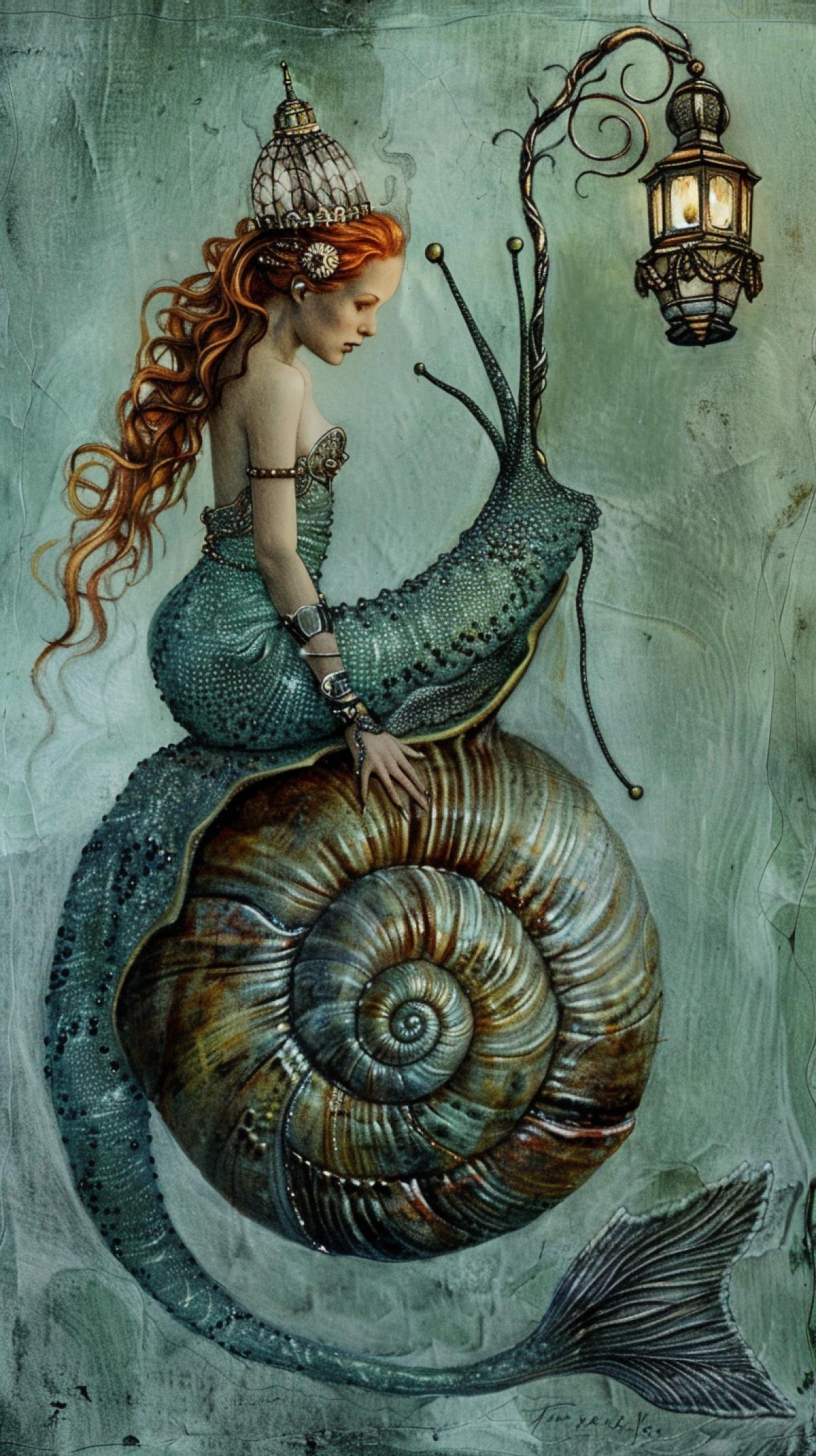 Tim Burton,. little mermaid with an antique lantern sitting on the back of a large snail, little steampunk, colored pencil drawing, fantasy, high resolution, high detail, soft lighting, blurred light green background