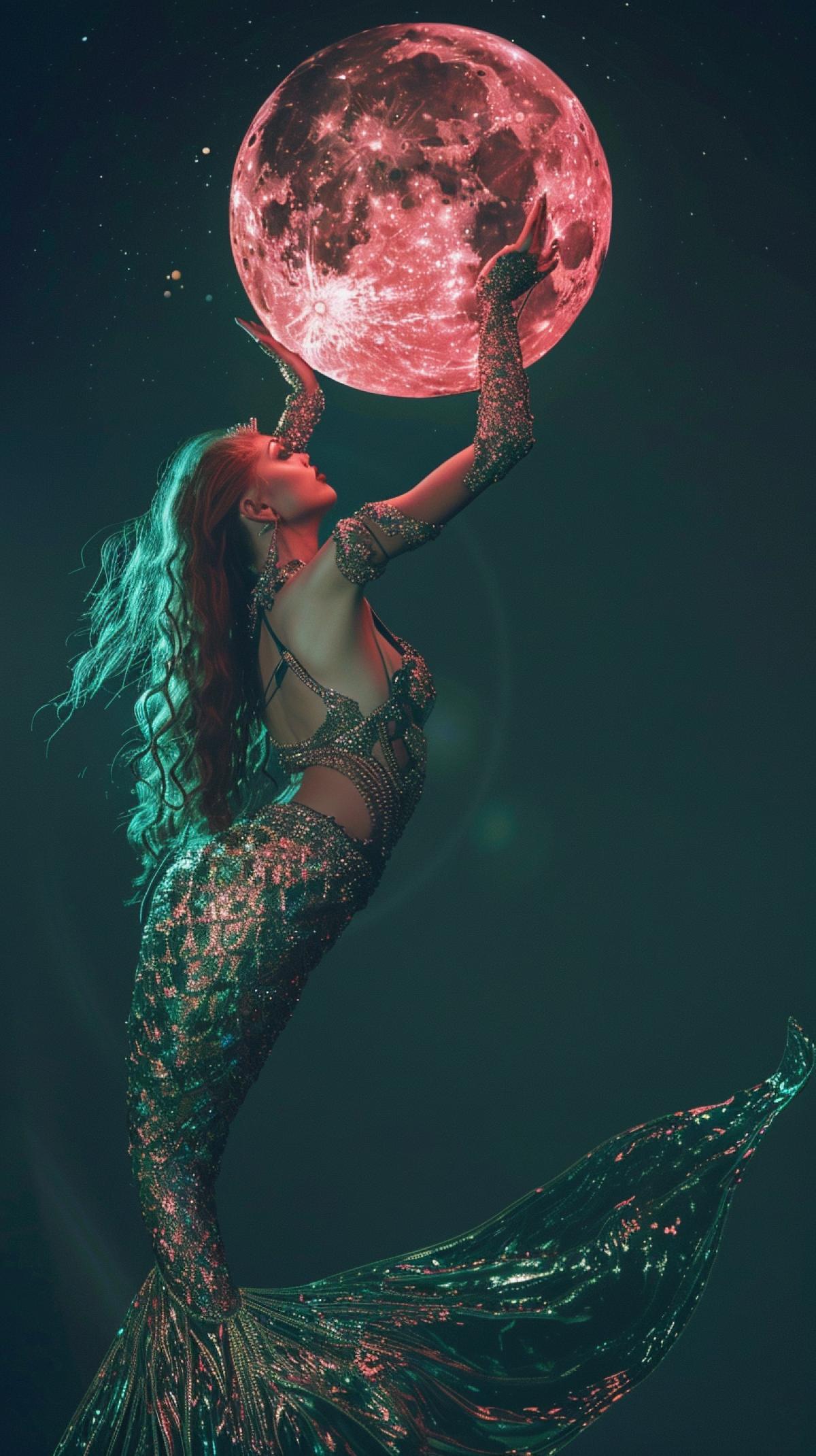Beautiful young mermaid, mother-of-pearl body, with a chic curving emerald tail, Bring up the pink glossy Moon with both hands, , moonlight, overhead light, studio lighting, Nikon Z7 II, Over-the-shoulder shot v 6.0 style raw ar 37 :55