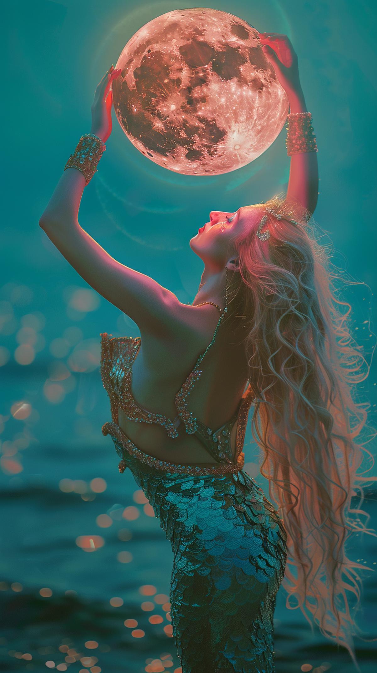 Beautiful young mermaid, mother-of-pearl body, with a chic curving emerald tail, Bring up the pink glossy Moon with both hands, , moonlight, overhead light, studio lighting, Nikon Z7 II, Over-the-shoulder shot v 6.0 style raw ar 37 :55