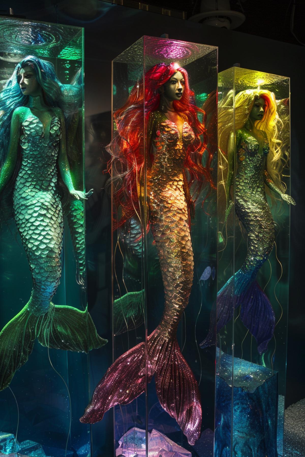 Three most beautiful 21-year-old mermaids ladies each exhibited withing individual glass cube smoking at me  cinematographic light bright vibrant colours high quality lots of details