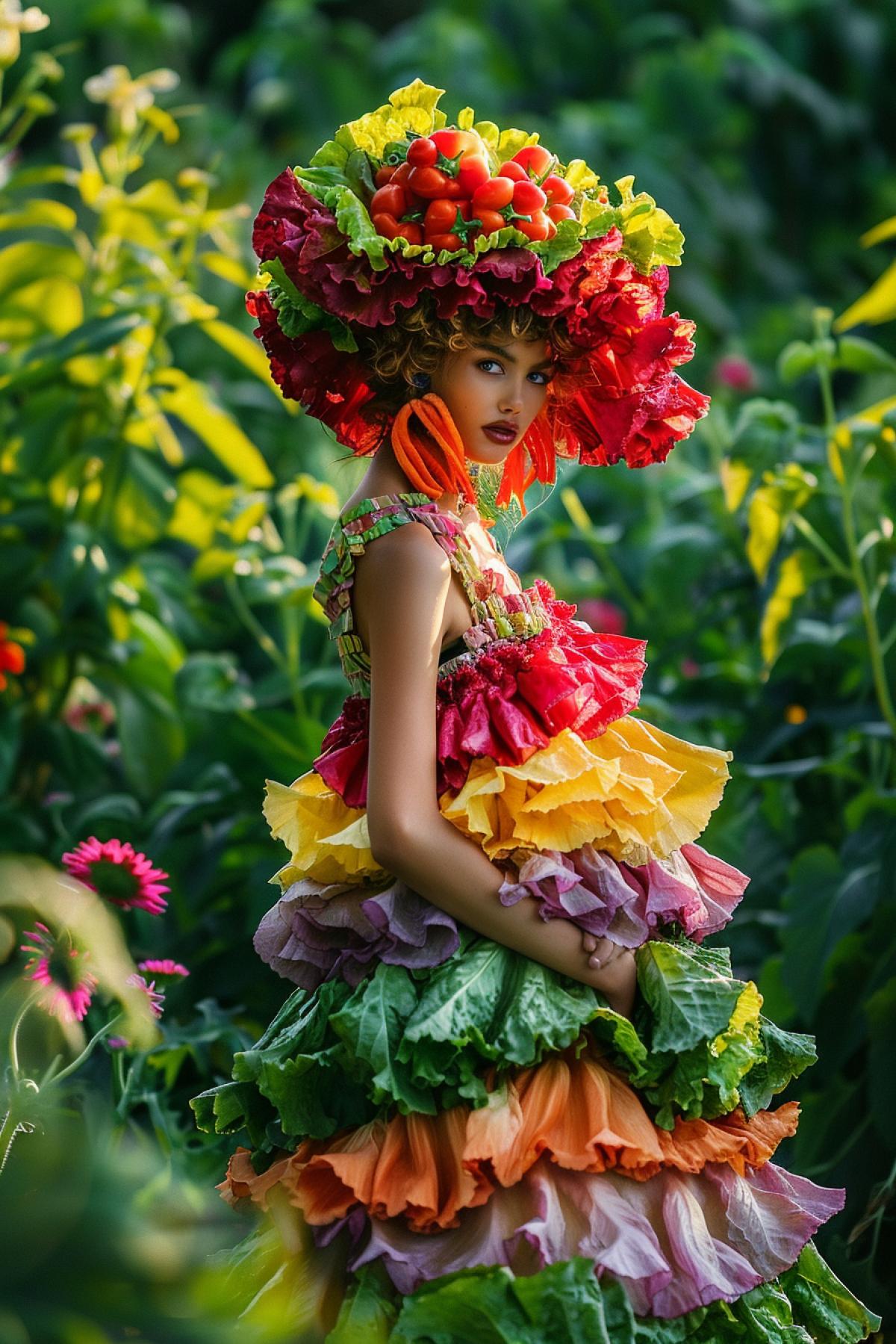 A whimsical garden setting with a model dressed in a vibrant and colorful outfit made of fresh vegetables, a skirt of layered lettuce leaves, a top of bright bell pepper slices, accessories of carrot sticks and radish earrings, surrounded by lush greenery and blooming flowers, a bright and cheerful color palette, natural sunlight casting playful shadows, detailed textures of crunchy vegetables, capturing the playful and fresh aesthetic of food-inspired fashion, evoking a sense of fun and healthy creativity, lively and enchanting com4k.