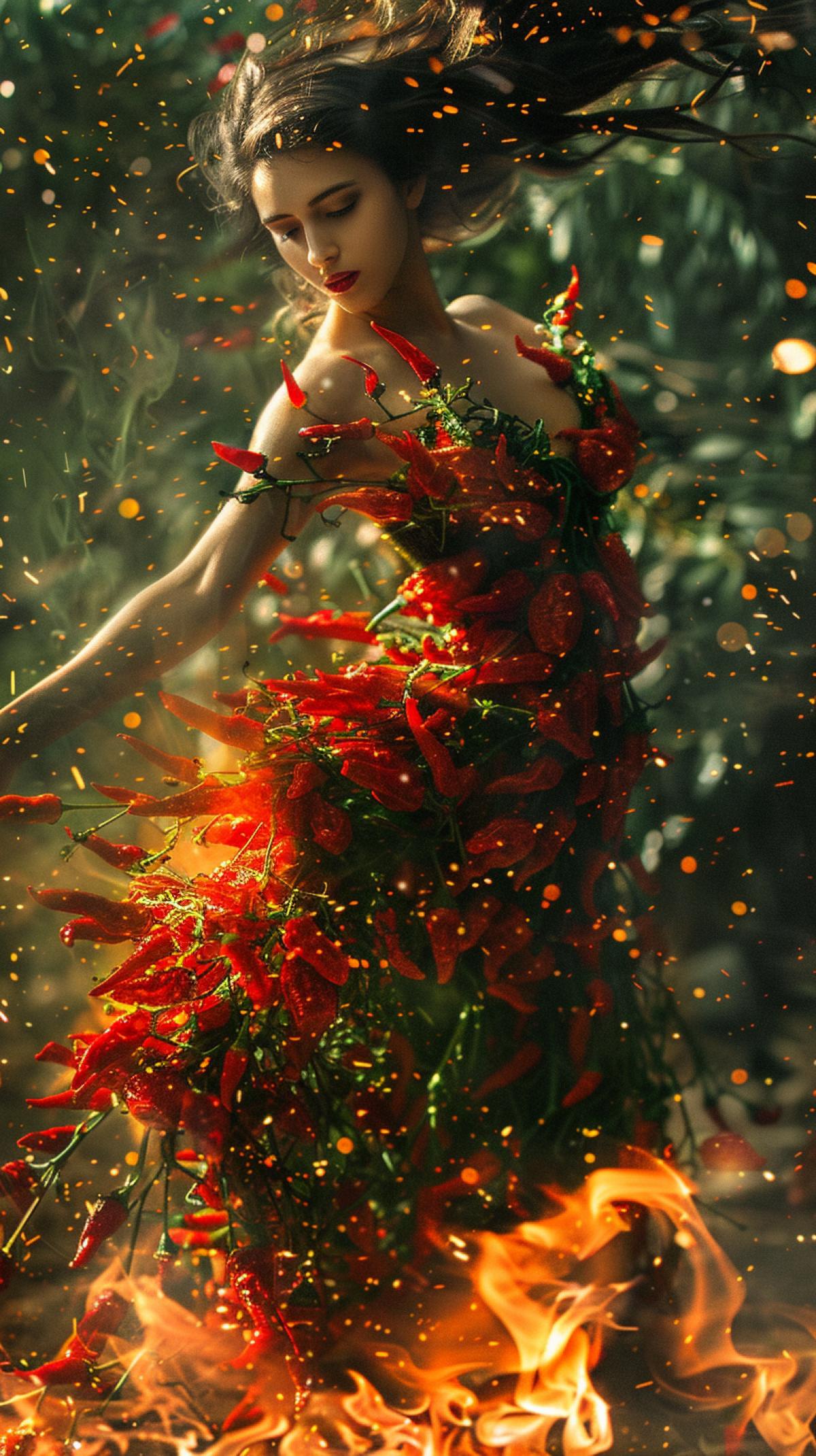 Beautiful young dancer in a dress made of red pepper pods, sparks of fire, dances a fiery flamenco dance, seamlessly transforms between a variety of abstract forest green com4ks, each transformation exceeds traditional definitions and expectations ar 3:2 raw style