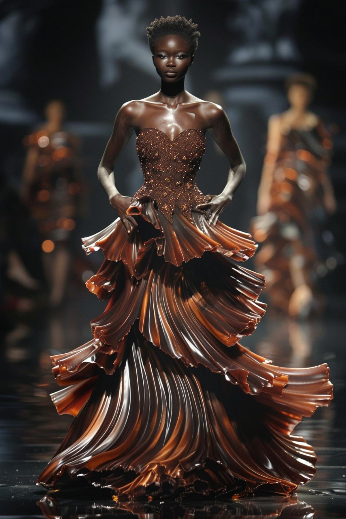A high-fashion runway scene featuring a model wearing an elegant evening gown made entirely of cascading chocolate ribbons, intricate swirls and curls creating a luxurious texture, rich and dark color palette with glossy highlights, soft spotlight illuminating the gown, detailed textures of smooth and melted chocolate, a sophisticated and indulgent atmosphere, capturing the blend of culinary art and haute couture, evoking a sense of opulent creativity and delectable fashion, striking and captivating com4k.