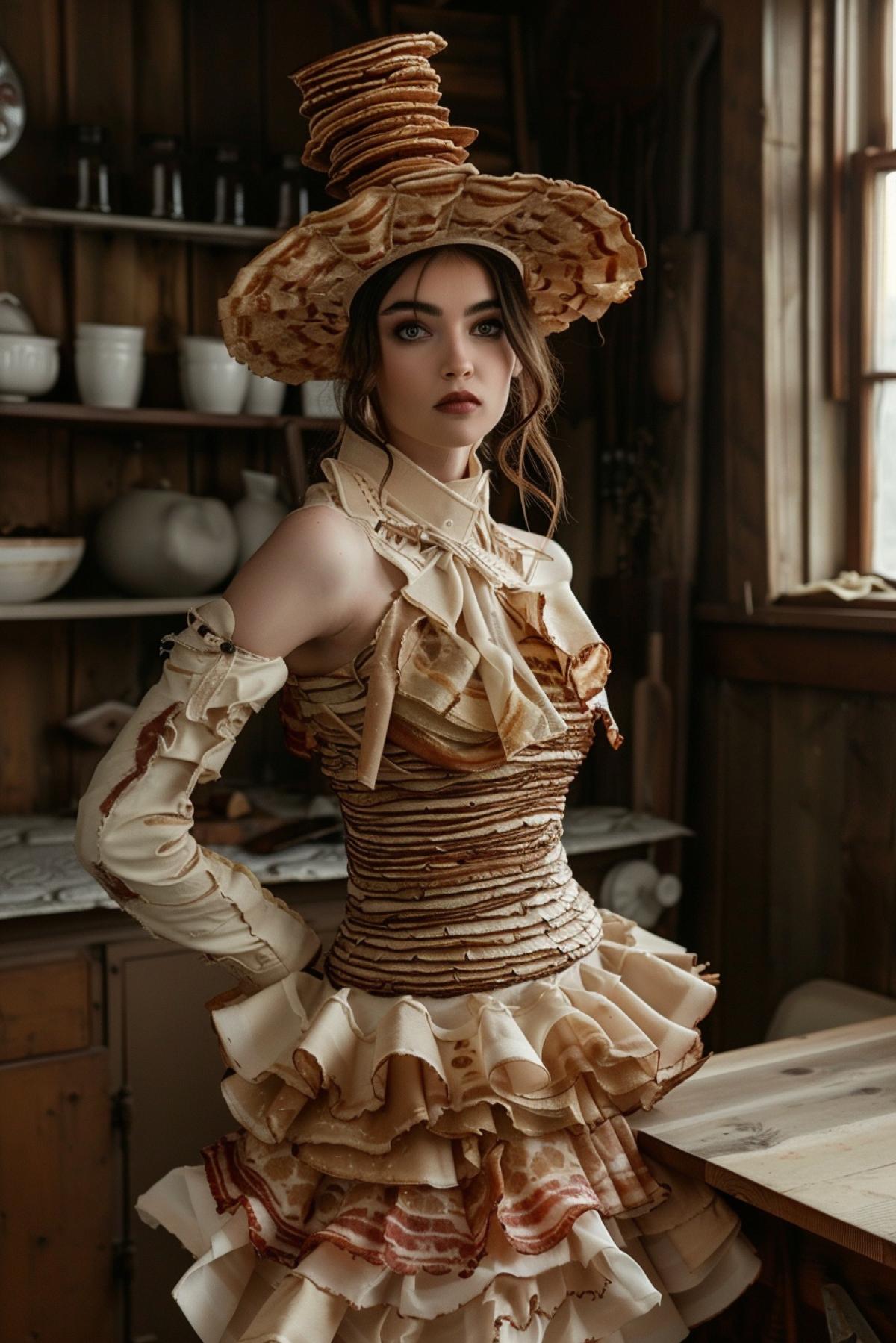 A rustic kitchen setting with a model wearing a cozy, chic outfit made of woven strips of bacon, forming a snug jacket and skirt ensemble, detailed with crisp and charred edges, complemented by a hat made of stacked pancakes and syrup, soft, warm lighting creating an inviting atmosphere, a rich and earthy color palette with deep browns and golden tones, detailed textures of bacon and pancake layers, capturing the comfort and homeliness of food-inspired fashion, evoking a sense of rustic charm and delectable creativity, warm and inviting com4k.