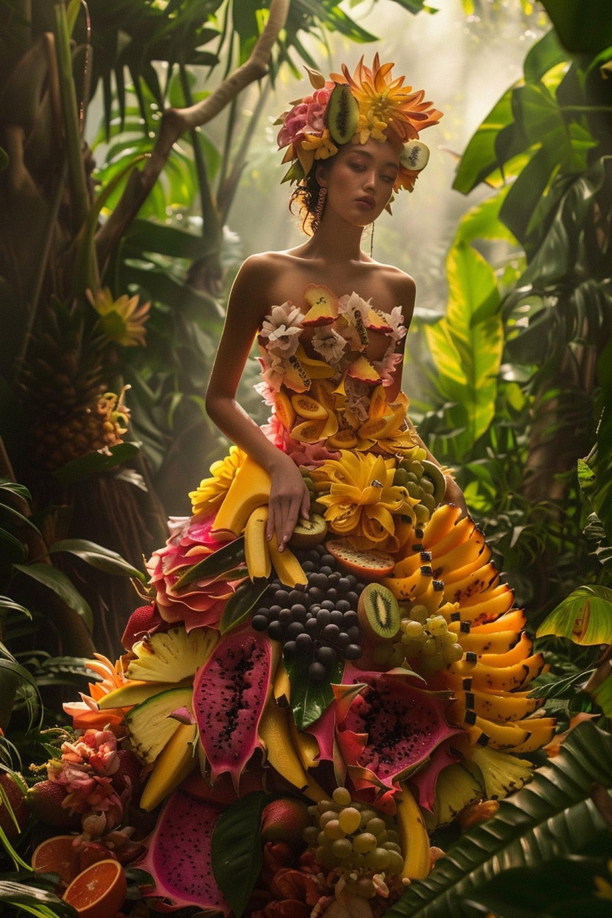 A tropical rainforest scene featuring a model in a vibrant, exotic dress made of colorful fruit slices, such as mango, pineapple, kiwi, and dragon fruit, intricately arranged to form a flowing and textured garment, accessorized with a headpiece made of clustered grapes and a belt of banana peels, surrounded by lush, green foliage and vivid flowers, a bright and tropical color palette, natural sunlight filtering through the trees, detailed textures of juicy fruit and leafy accents, capturing the exuberance and vitality of food-inspired fashion, evoking a sense of tropical delight and creative freshness, lively and eye-catching com4k.