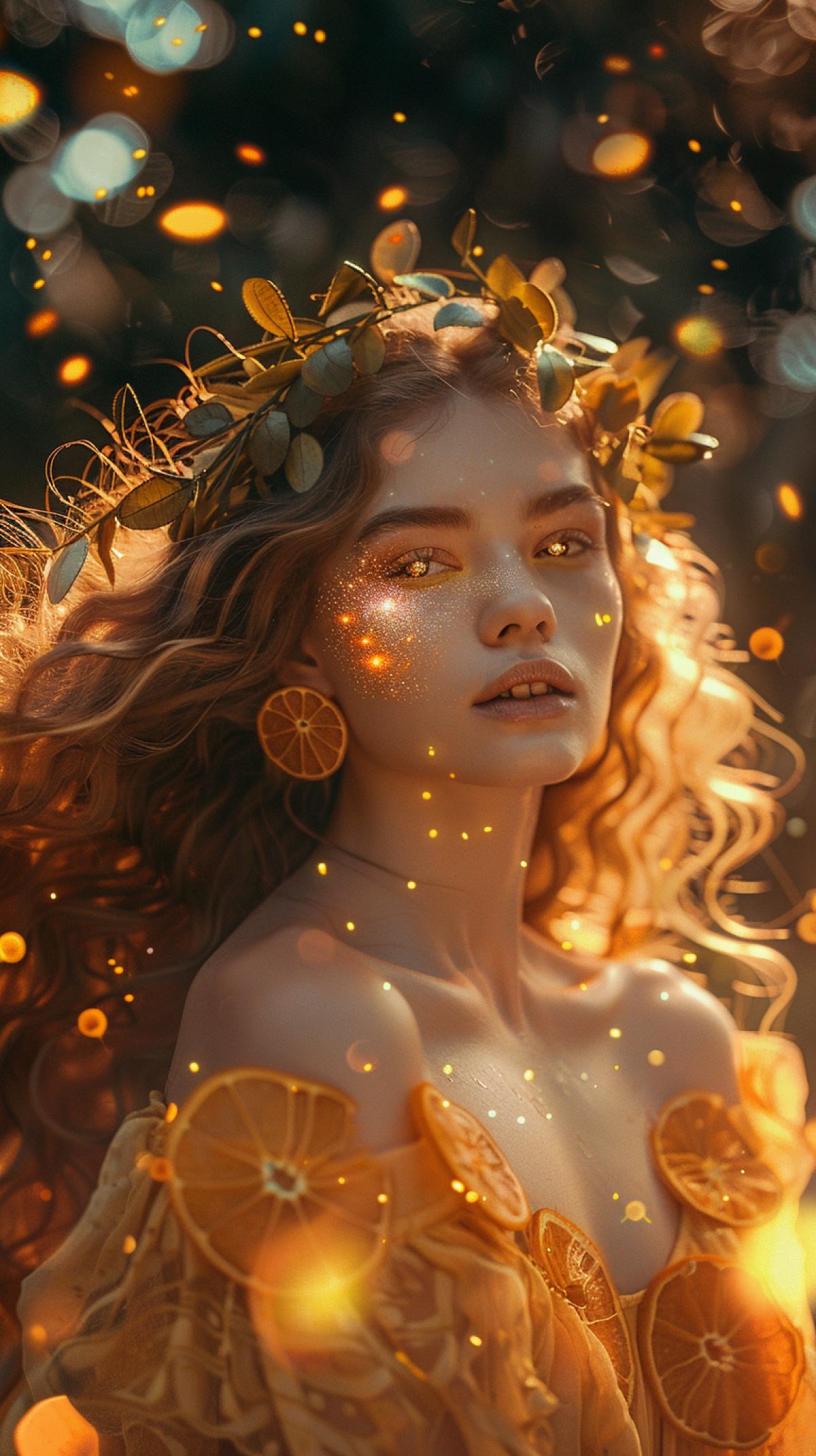 Beautiful gentle elf, wavy hair flies up, fireflies glow in her curls, a tunic dress made of orange slices, mint leaves is blowing in the wind, bokeh, massive gold earrings in the form of orange halves, soft warm light from below, super-realistic photo, high detail, style raw