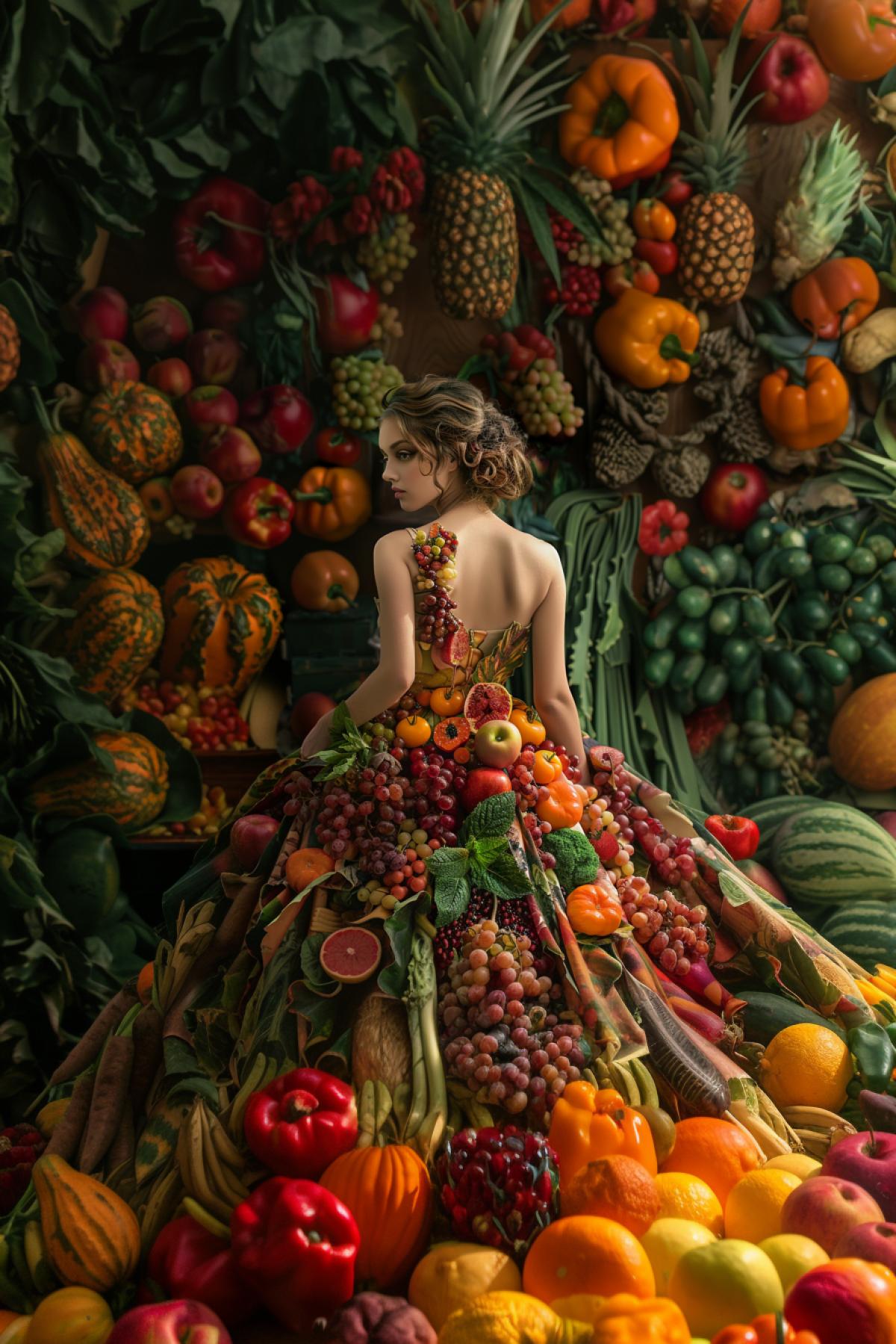 The girl is wearing a dress made of food, the food is real, delicious and rich colors, Mysterious background