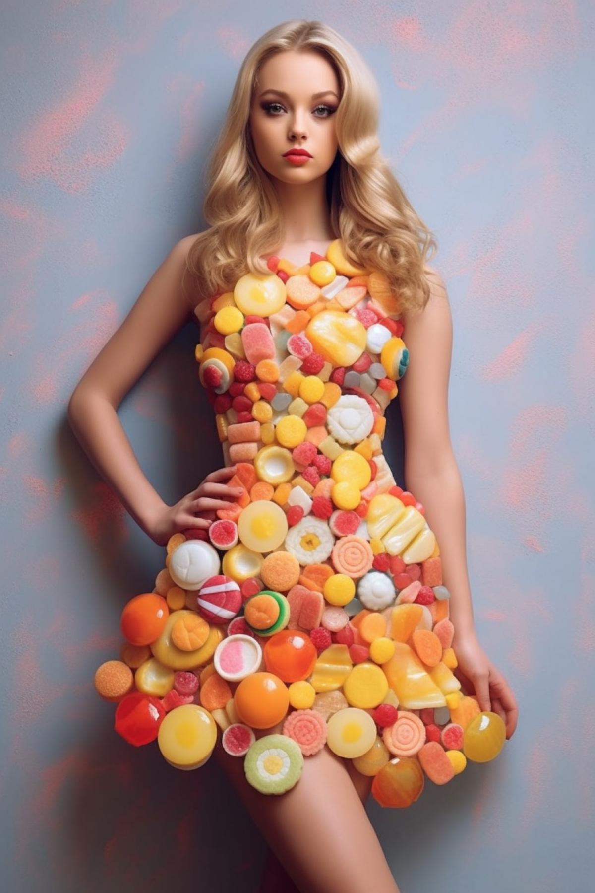 Girl dressed in a dress made of sweets🍬🍬🍬🍒🍓🍇🍕