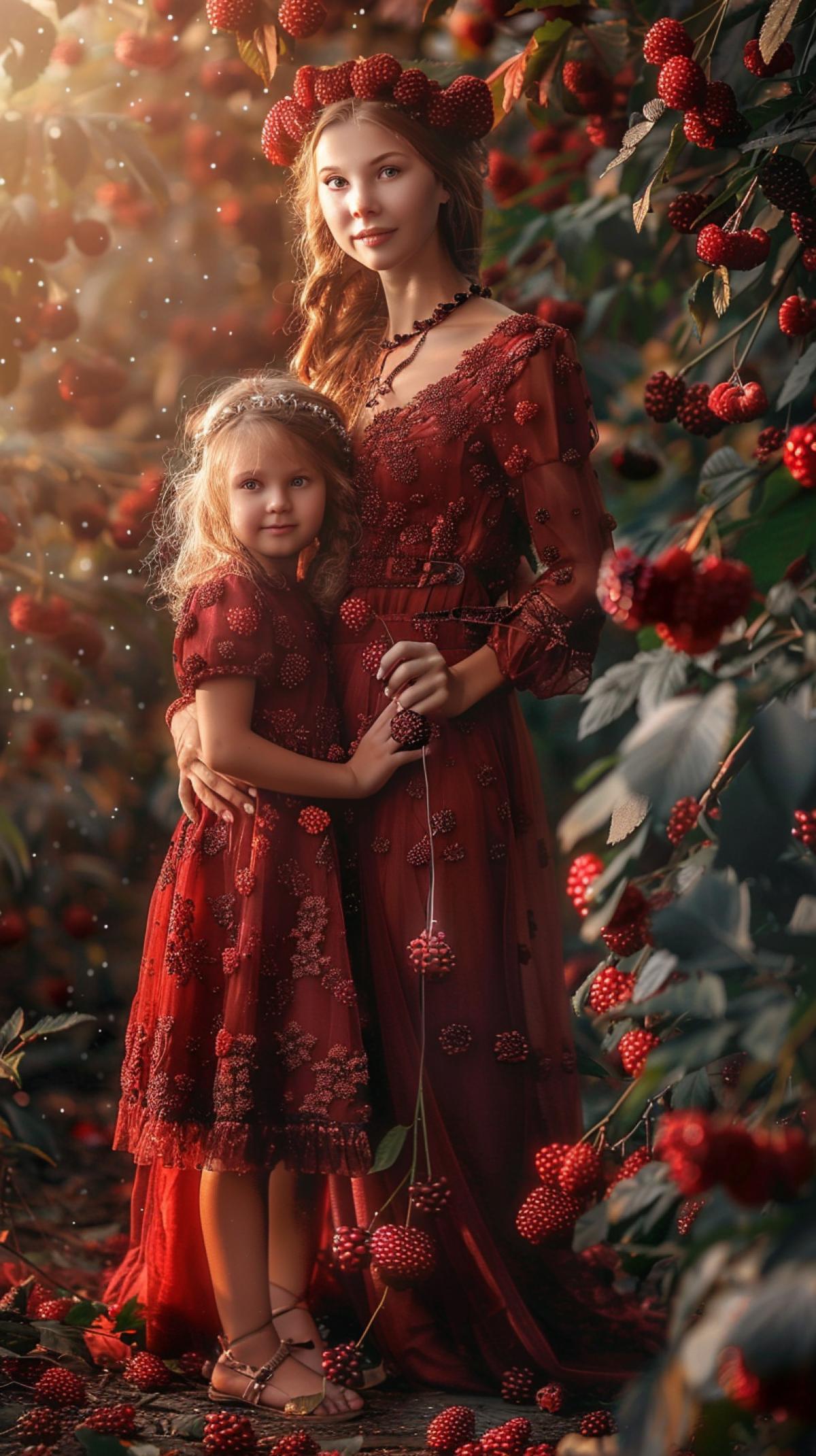 Full length: Beautiful young woman and her five-year-old daughter, joyful faces, dressed in berries, a mix of raspberries and darkberries as clothes-dresses, background leaves of berries, water drops, hyperrealistic, backlit