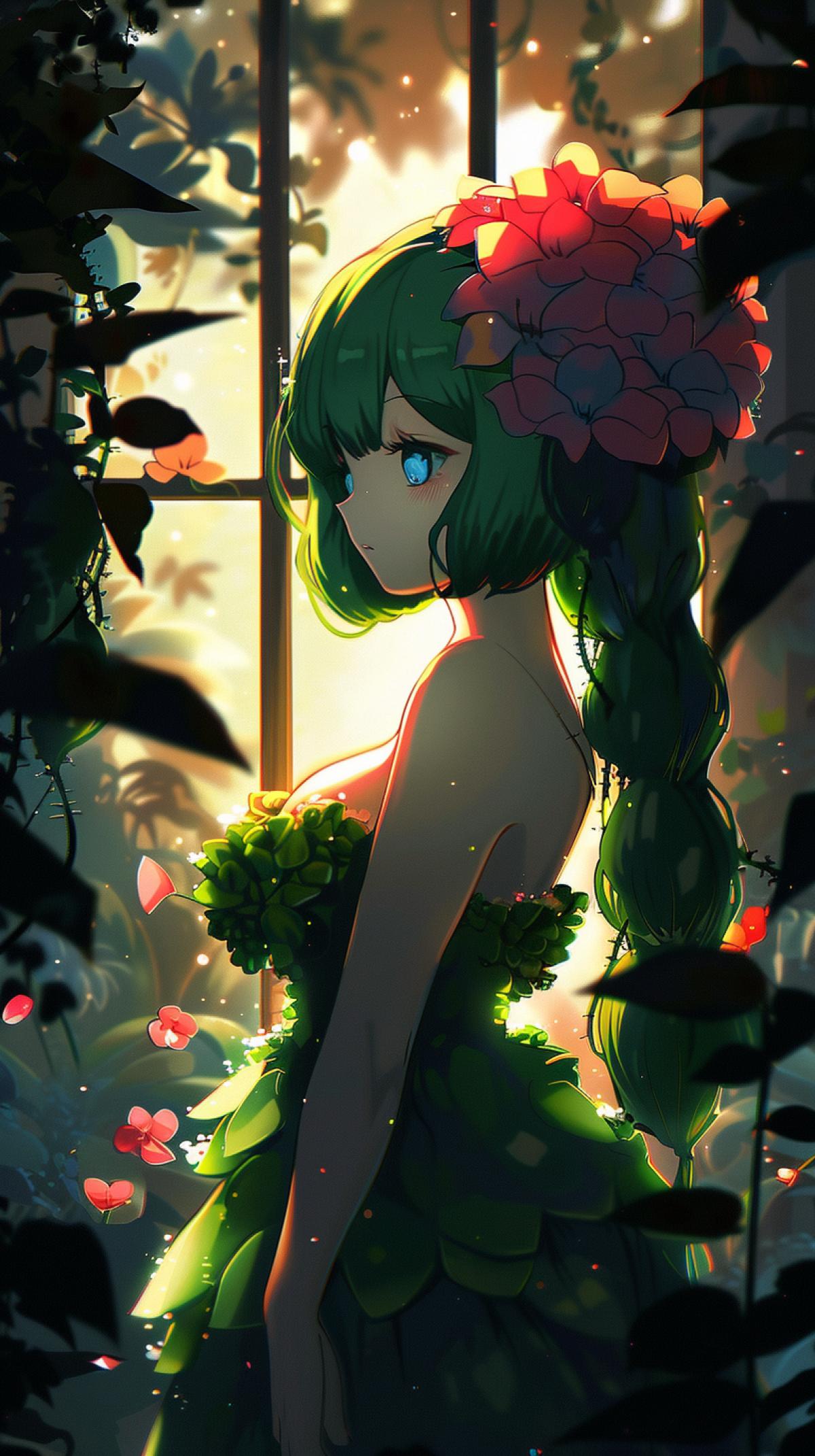 anime girl plant, Alraune, red flower in her hair, backlit
