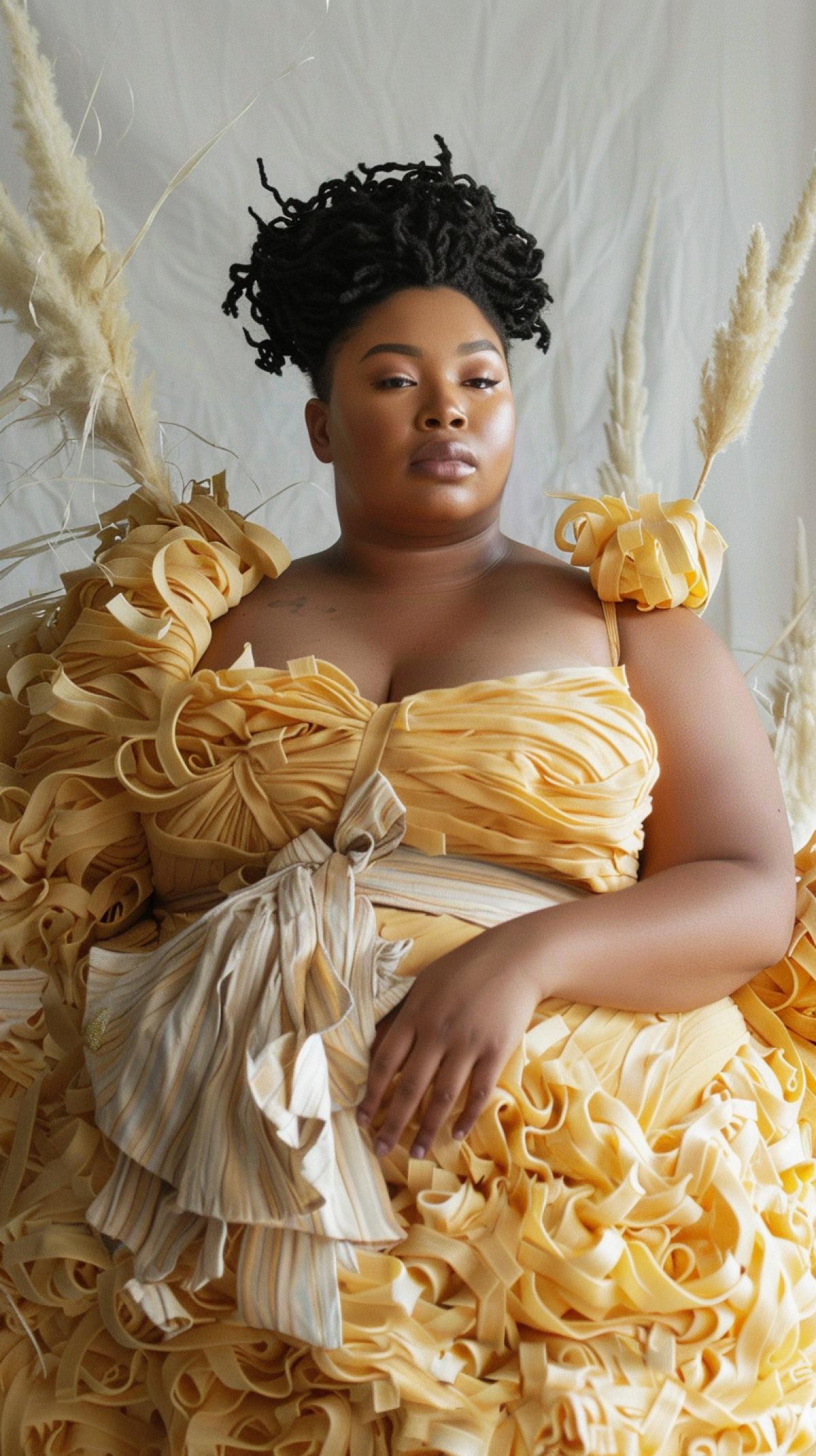 Clothes made from noodles and worn by a plus-size woman