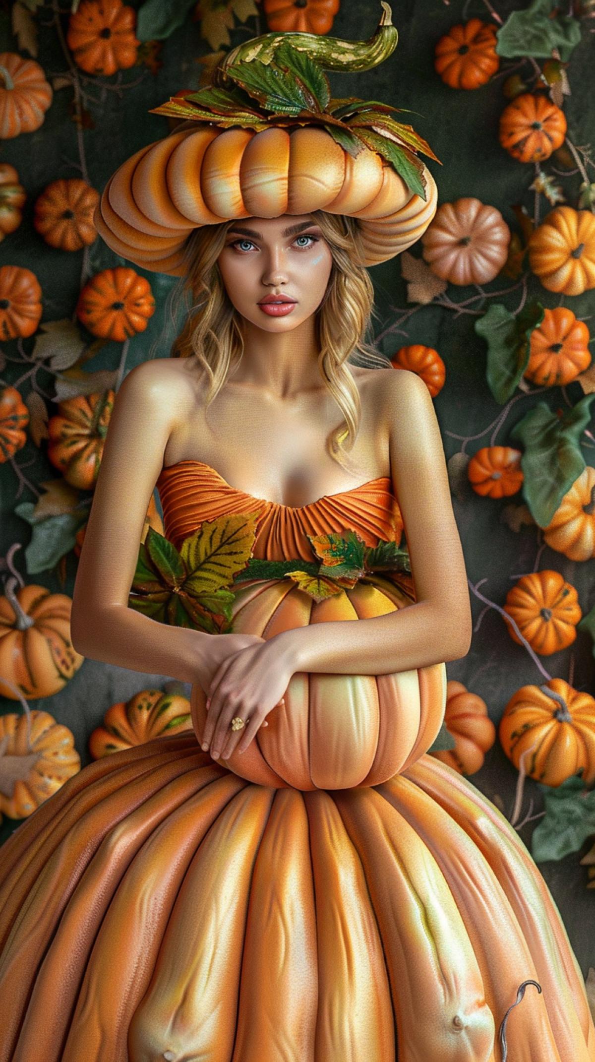 Beautiful young woman in a pumpkin dress, top made of leaves, hem made of natural pumpkin, on her head a hat made of half a pumpkin with leaves, against the background of small pumpkins of different colors, photorealism, hyperrealism, 4k, professional photo, 1/250 s