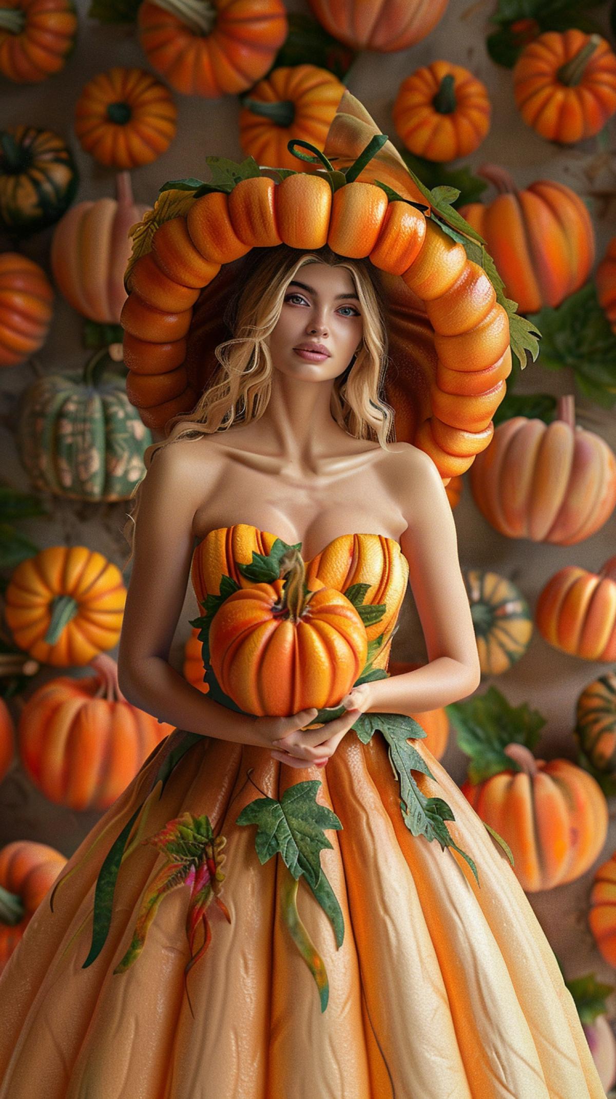 Beautiful young woman in a pumpkin dress, top made of leaves, hem made of natural pumpkin, on her head a hat made of half a pumpkin with leaves, against the background of small pumpkins of different colors, photorealism, hyperrealism, 4k, professional photo, 1/250 s