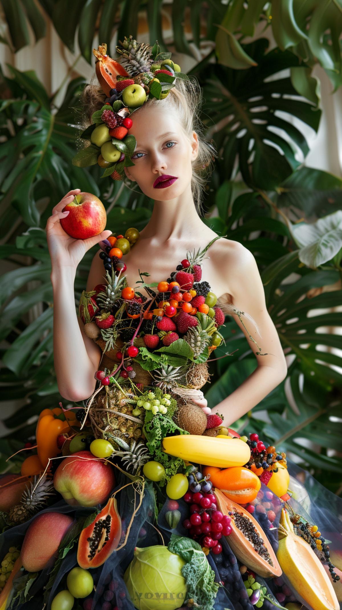A model-looking girl offers a juicy apple, in a dress made entirely of vegetables and fruits, juicy and bright fruits, on her head there is a wreath of berries with leaves, a background of monstera leaves