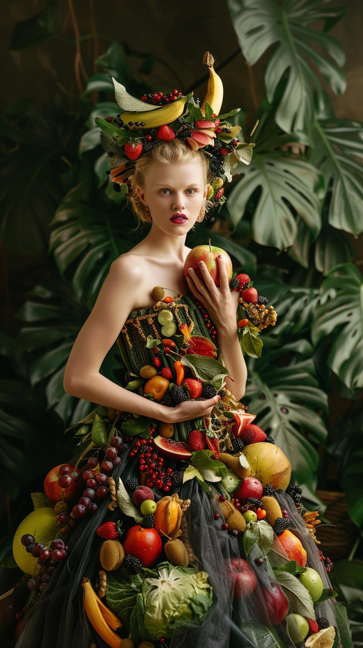 A model-looking girl offers a juicy apple, in a dress made entirely of vegetables and fruits, juicy and bright fruits, on her head there is a wreath of berries with leaves, a background of monstera leaves