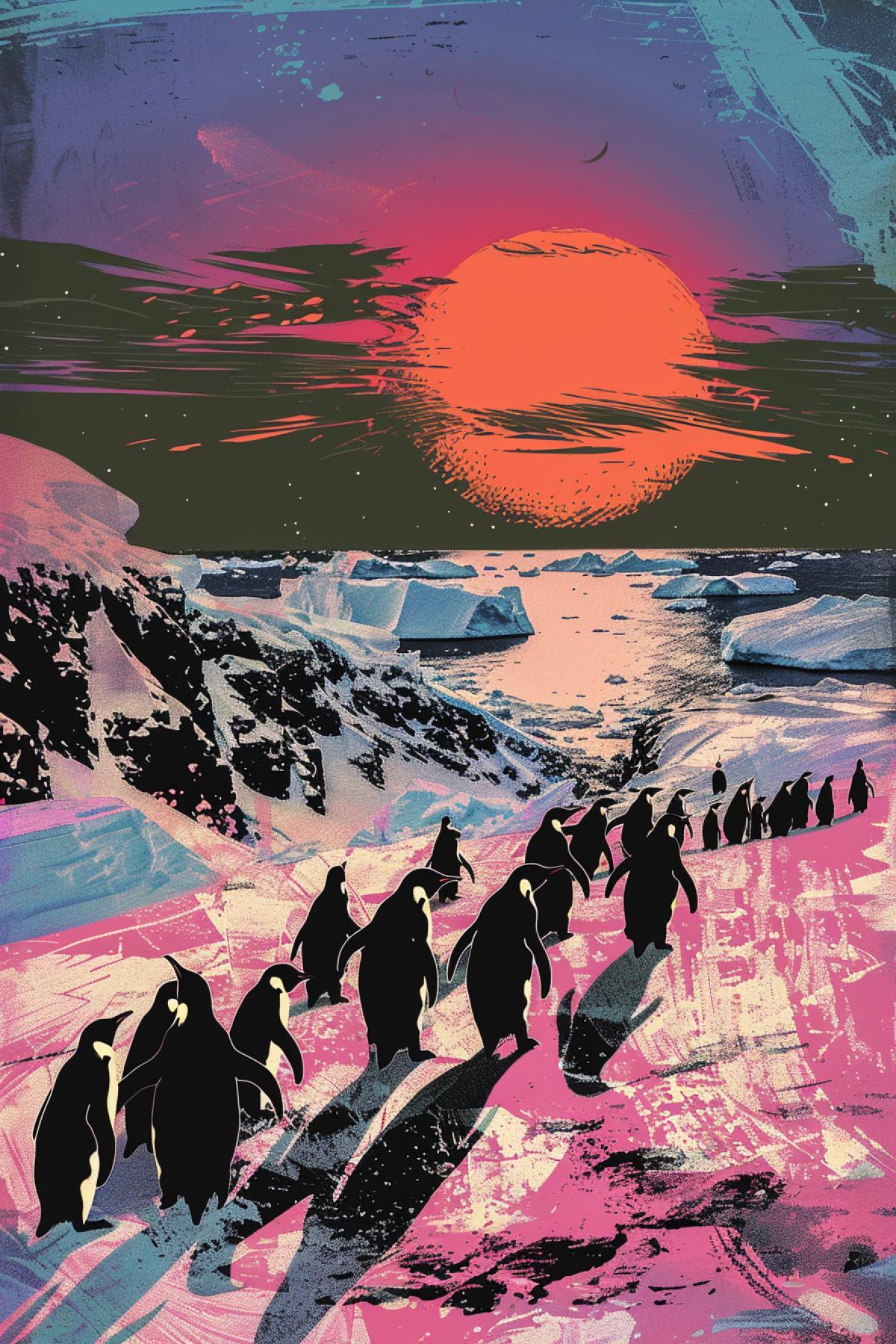 Plenty of penguins impressed by sunset in Antarctica stylish art colour ink