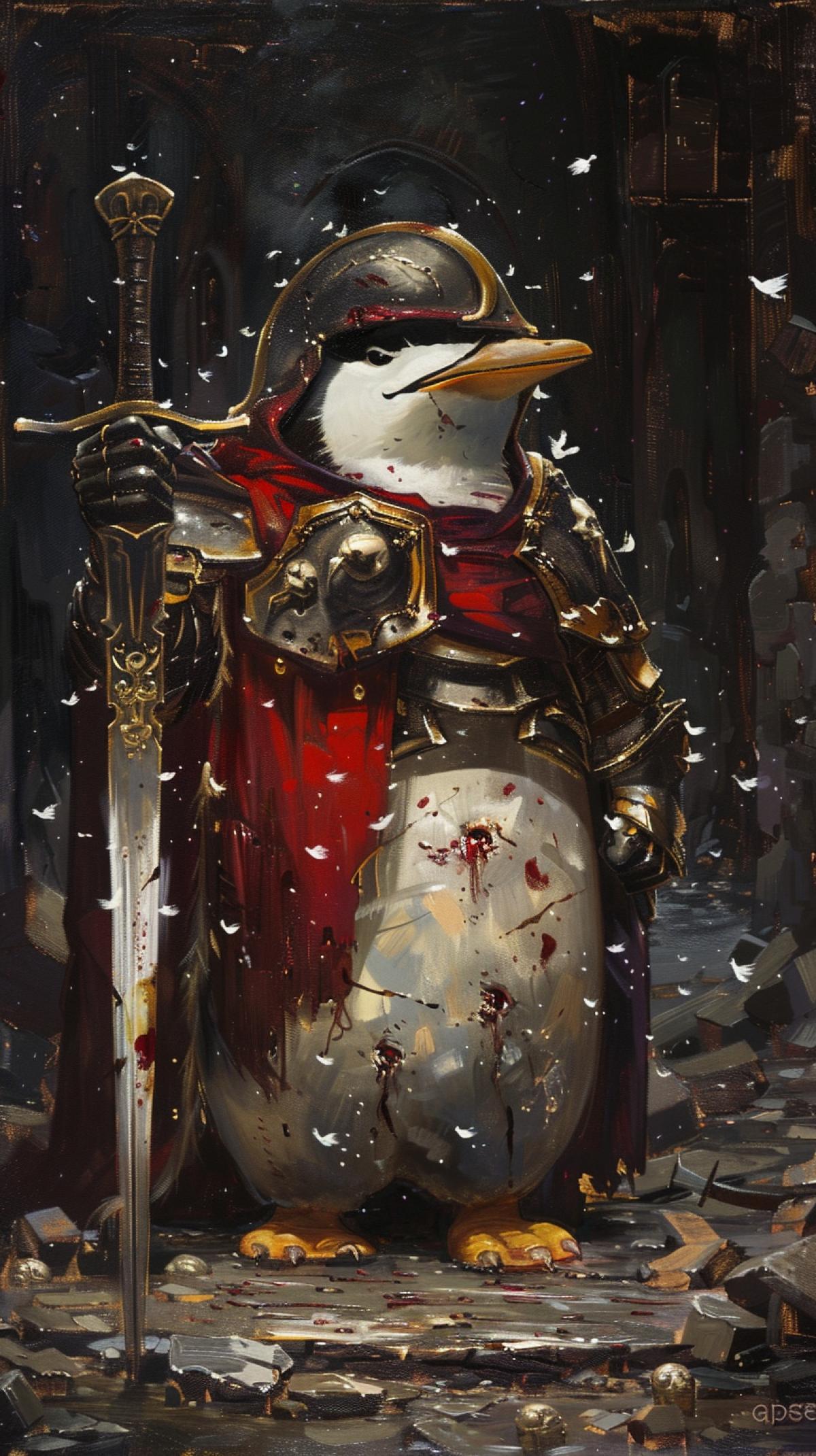 Oil painting, penguin in knights armor with a heavy sword, city ruins background, dark background