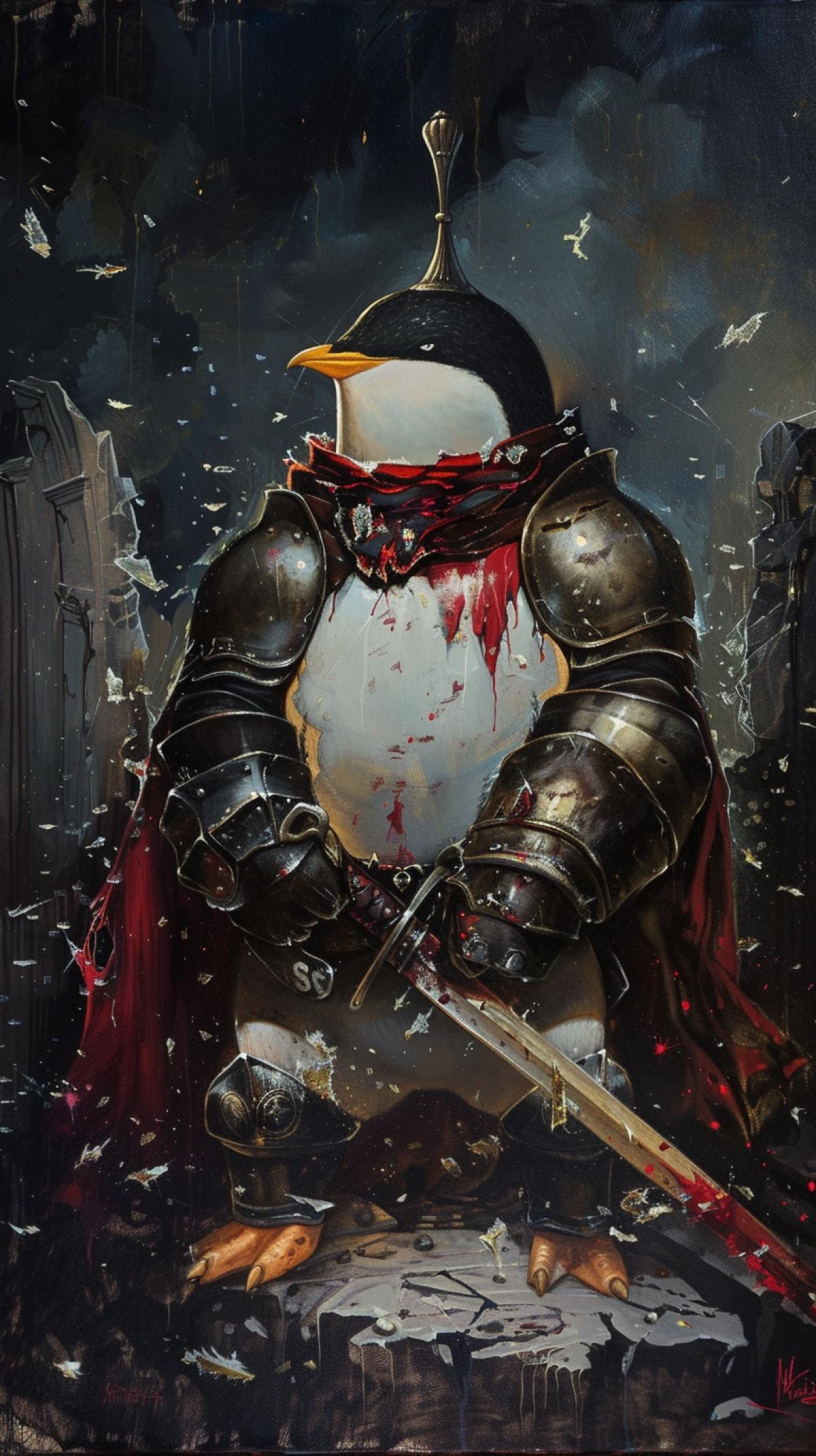 Oil painting, penguin in knights armor with a heavy sword, city ruins background, dark background