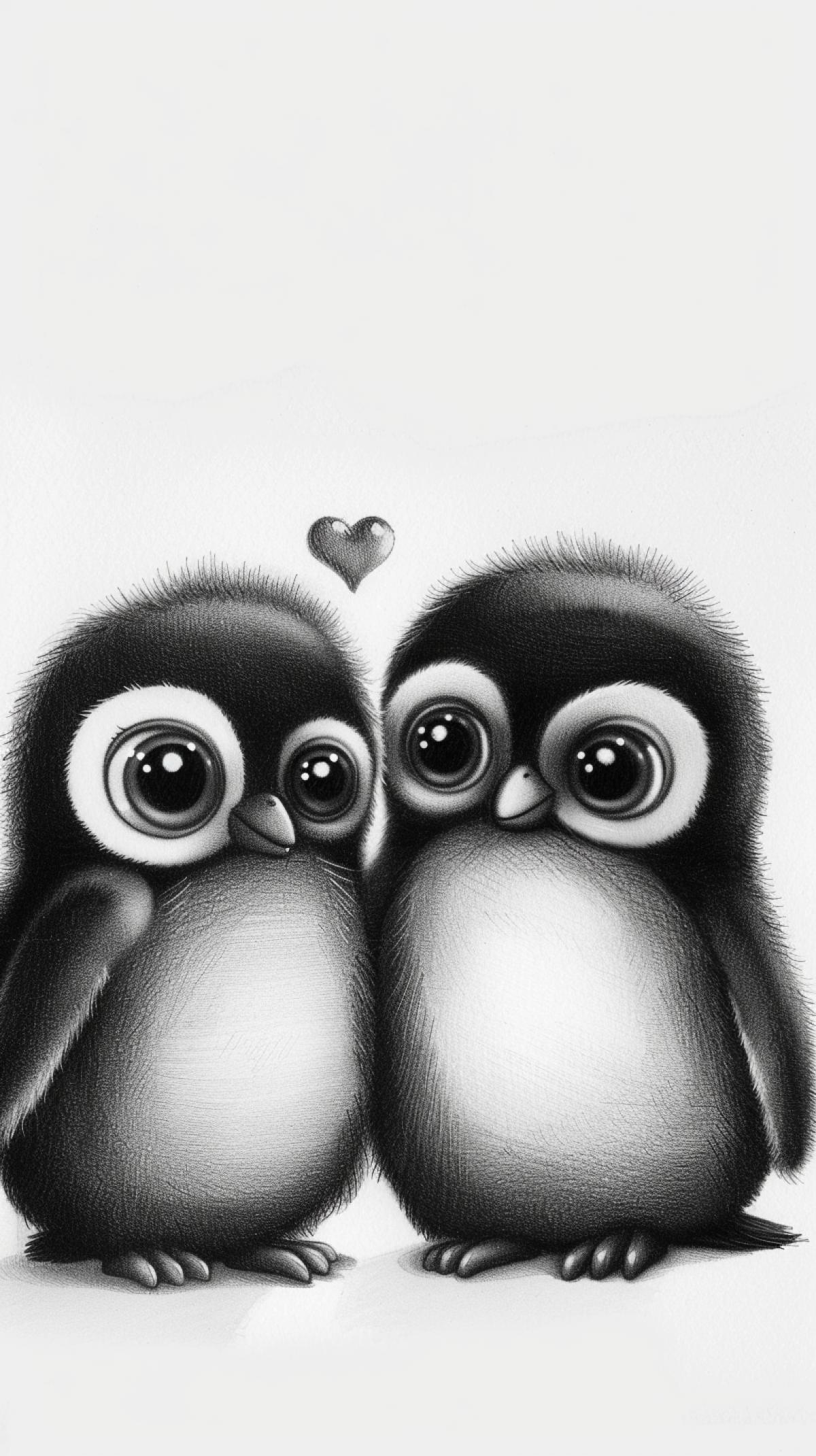 two spherical fluffy penguins with huge eyes next to them, and between them a fluffy little heart, cute, pencil drawing h2