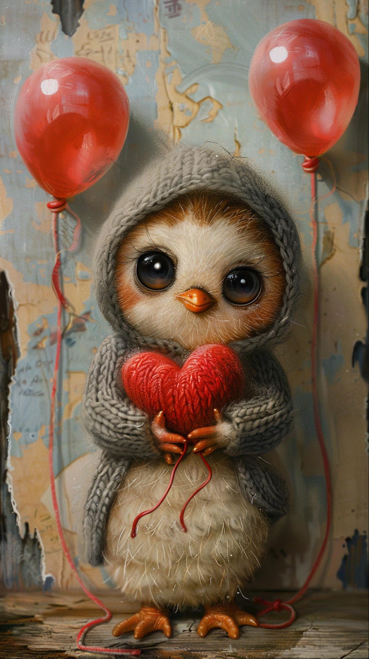 Realistic tiny fluffy baby penguin, holding a red little fluffy heart, red color, big huge eyes, photorealism, knitted gray hoodie, cyberrealism, balloons around, hyperrealism, delicate light chocolate color, realistic, professional photo, aesthetic, Cute, cuteness, on graffiti background