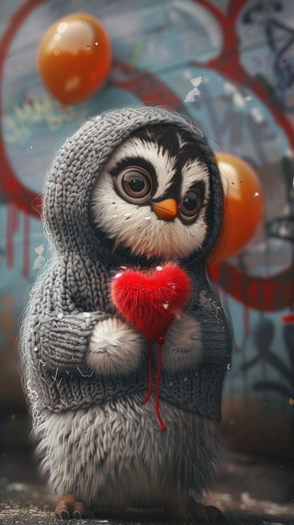 Realistic tiny fluffy baby penguin, holding a red little fluffy heart, red color, big huge eyes, photorealism, knitted gray hoodie, cyberrealism, balloons around, hyperrealism, delicate light chocolate color, realistic, professional photo, aesthetic, Cute, cuteness, on graffiti background