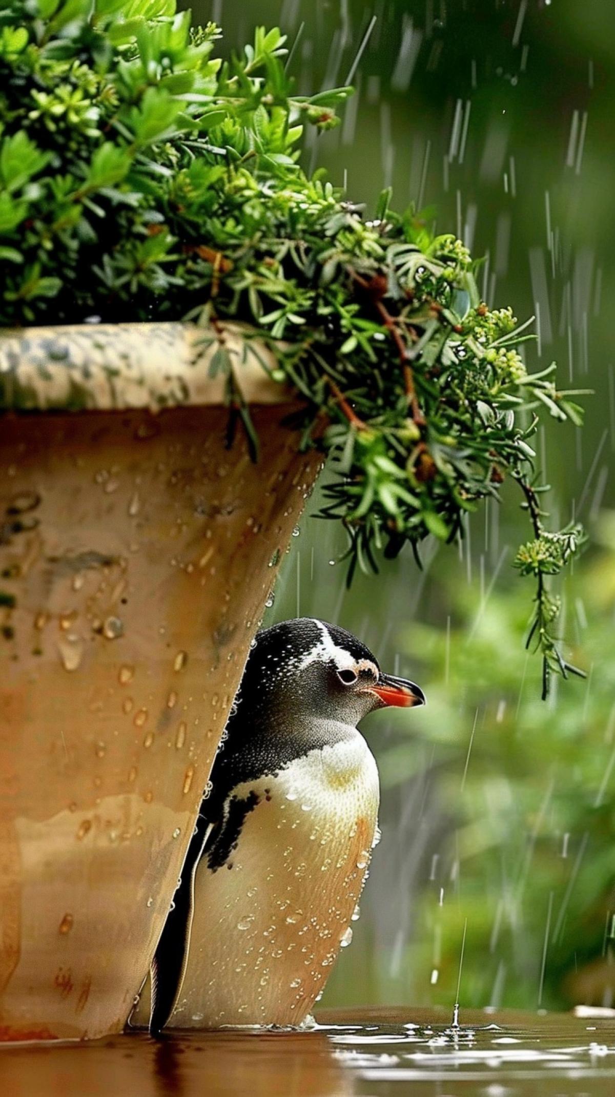 Cute fluffy grey-blue penguin with a red beak, smile, peeks out from behind a large flowerpot with greenery, it’s raining, photorealism, slight bokeh
