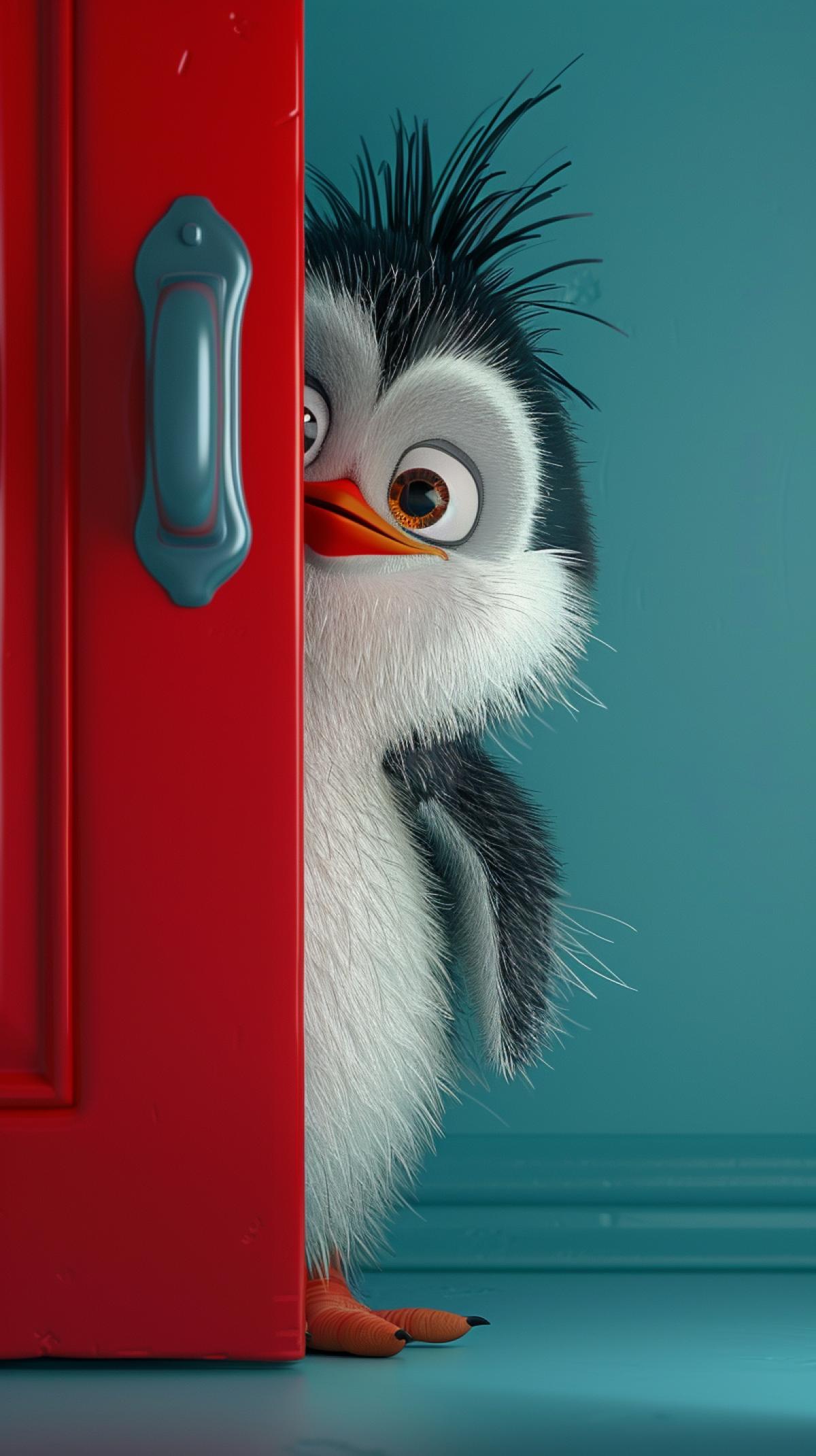 poster, Pixar style, cute fluffy dark and white penguin, red smiling beak peeking mischievously behind a red door, showing only 1/4 of its body with head, furry texture, cute and cute facial expression, minimalist style, simple clean light blue turquoise background , cinema lighting, volumetric light, soft and advanced colors, Bubble Mart3D, C4D, super detail, super precision ar 3:4 stylization 250