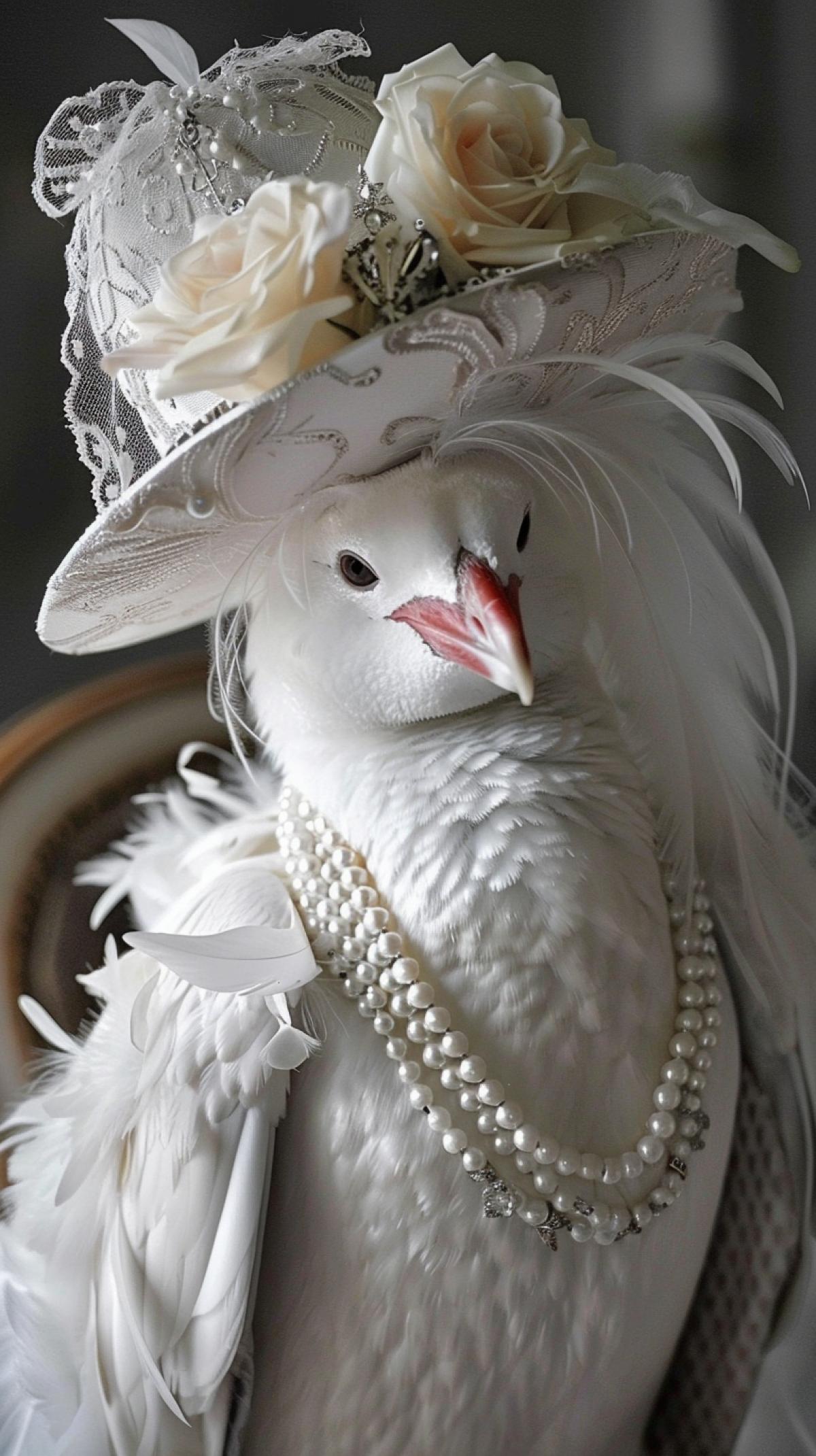 Gorgeous albino penguin, red beak, in an exquisite hat with feathers, flowers, a pearl necklace, coquette