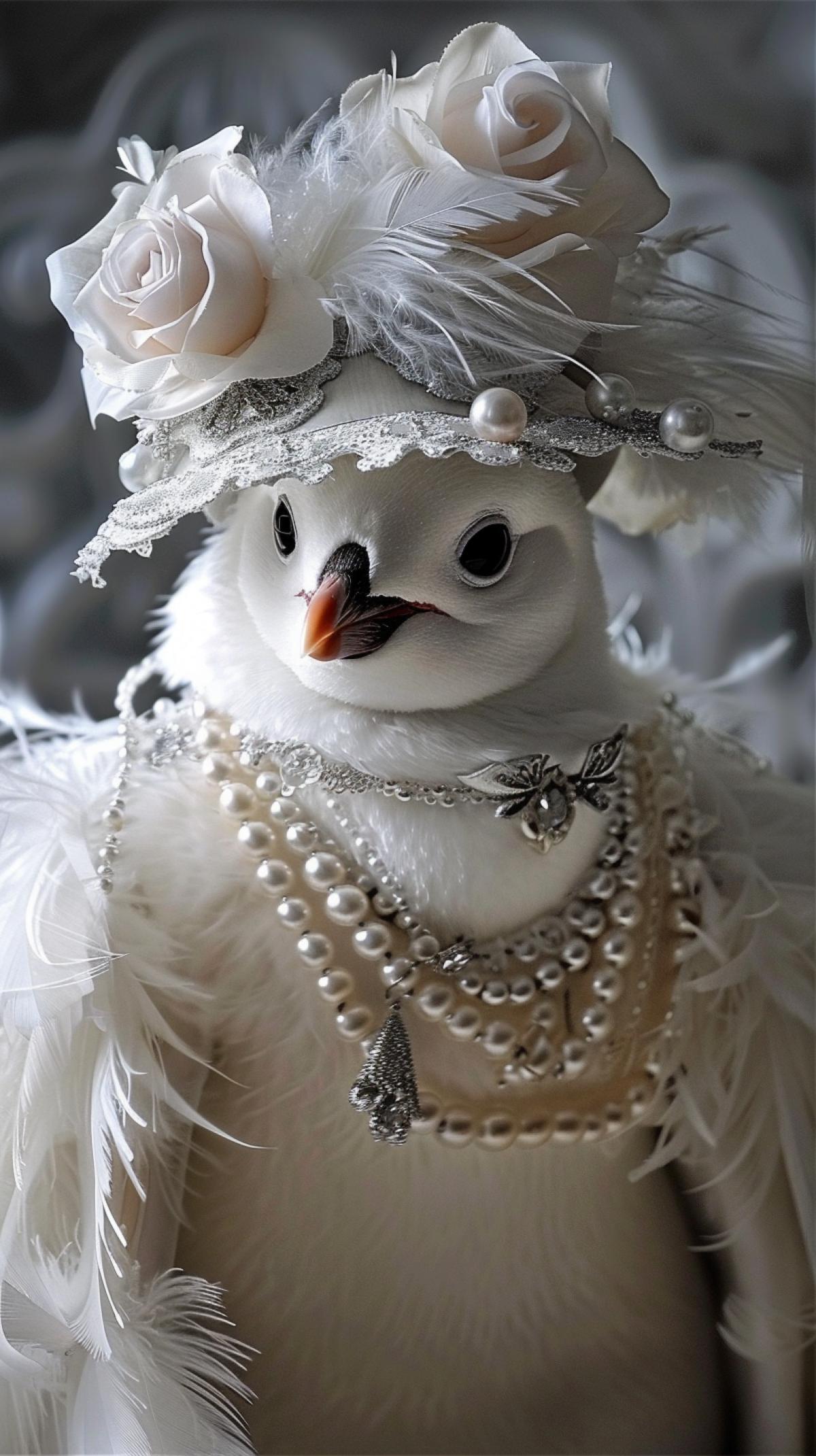 Gorgeous albino penguin, red beak, in an exquisite hat with feathers, flowers, a pearl necklace, coquette