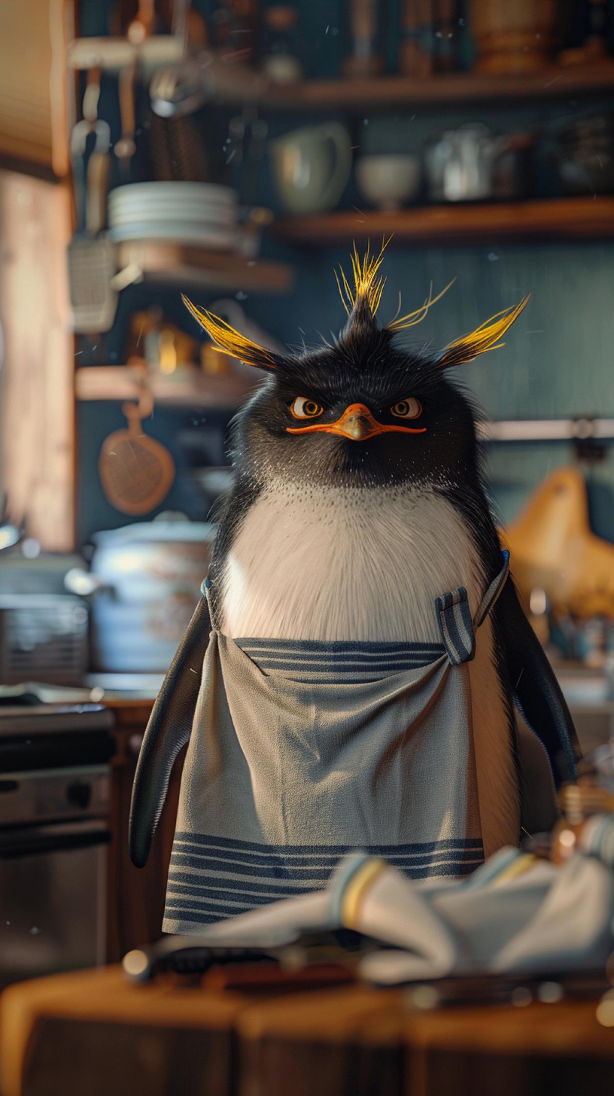Fantasy art furry cute Fiordland penguin (Eudyptes pachyrhynchus), also called the Fiordland crested penguin because of its impressive eyebrows with yellow crests. mischievous look, wearing a towel apron, standing in a cozy kitchen, light smile, soft lighting, the image conveys the depth and atmosphere of the scene, facial features, magical aura, soft shadows, warm ambient glow, kitchen utensils, modern kitchen, shining eyes, charm, Charming setting, high-resolution detail, muted color palette, story-driven visuals, 4K fantasy realism