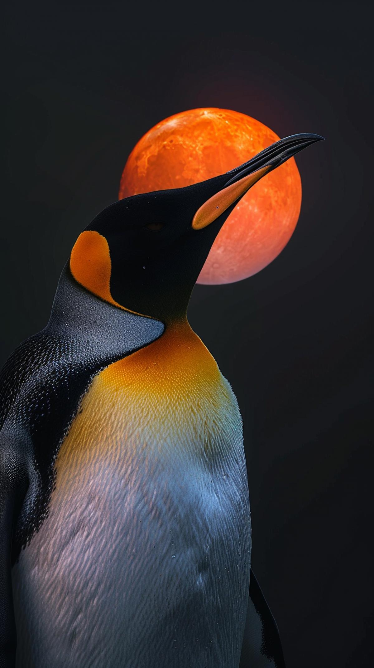 Beautiful fluffy king penguin, with a chic look. Lift up pink glossy Moon with both hands, , moonlight, overhead light, studio lighting, Nikon Z7 II, over the shoulder shot v 6.0 style raw ar 37:55