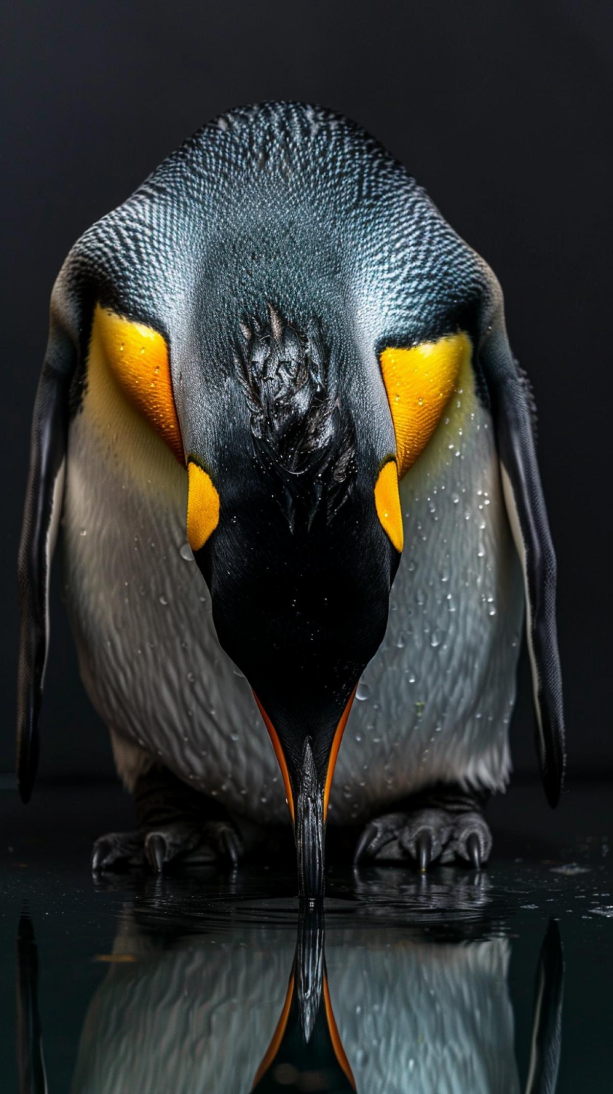 Beautiful fluffy king penguin, with a chic look. Lift up pink glossy Moon with both hands, , moonlight, overhead light, studio lighting, Nikon Z7 II, over the shoulder shot v 6.0 style raw ar 37:55