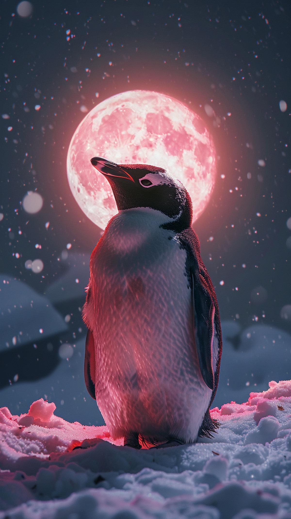 Beautiful fluffy king penguin, with a chic look. Lift up pink glossy Moon with both hands, , moonlight, overhead light, studio lighting, Nikon Z7 II, over the shoulder shot v 6.0 style raw ar 37:55