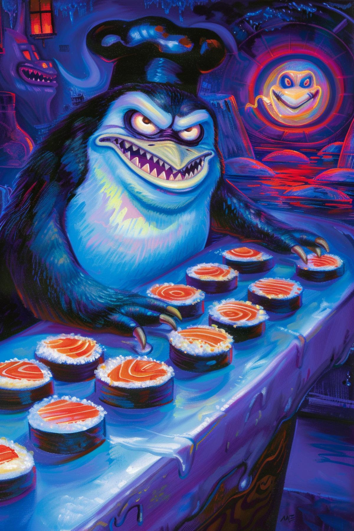 An evil cartoon penguin in a chefs hat makes sushi.