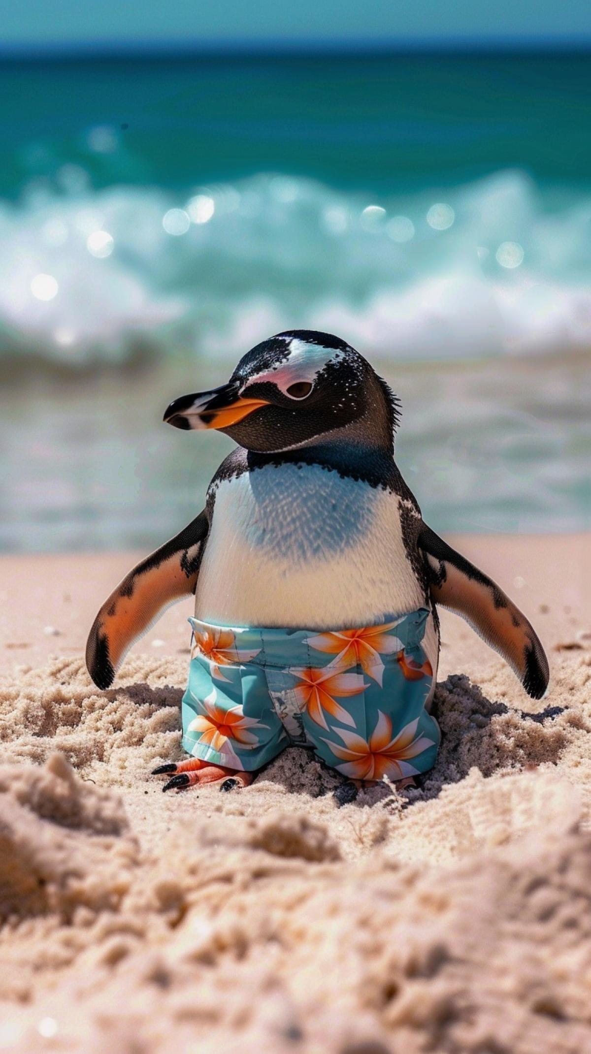 penguin resting on the beach in shorts