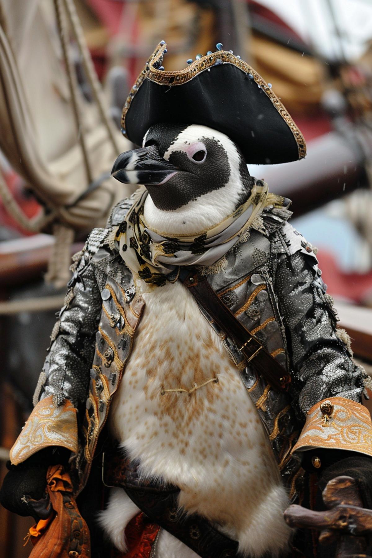 penguin dressed as a pirate on the deck of a pirate flagship